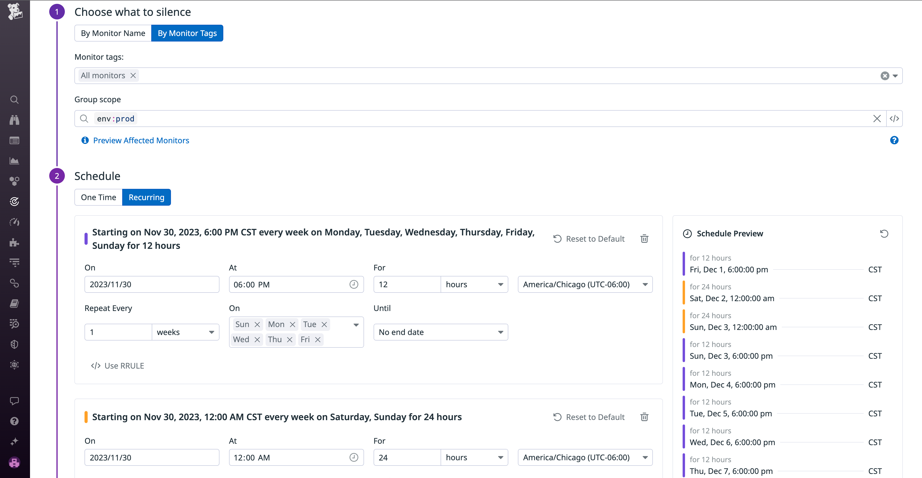 Scheduling downtimes in the Datadog application