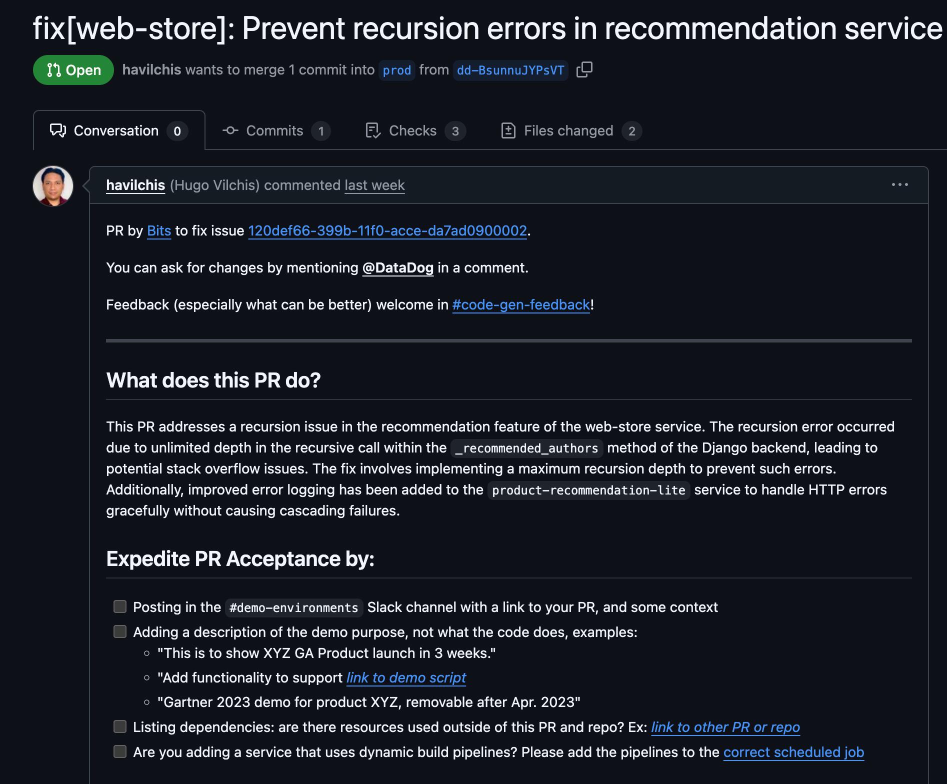 A PR shown in GitHub, created by Bits AI Dev Agent.