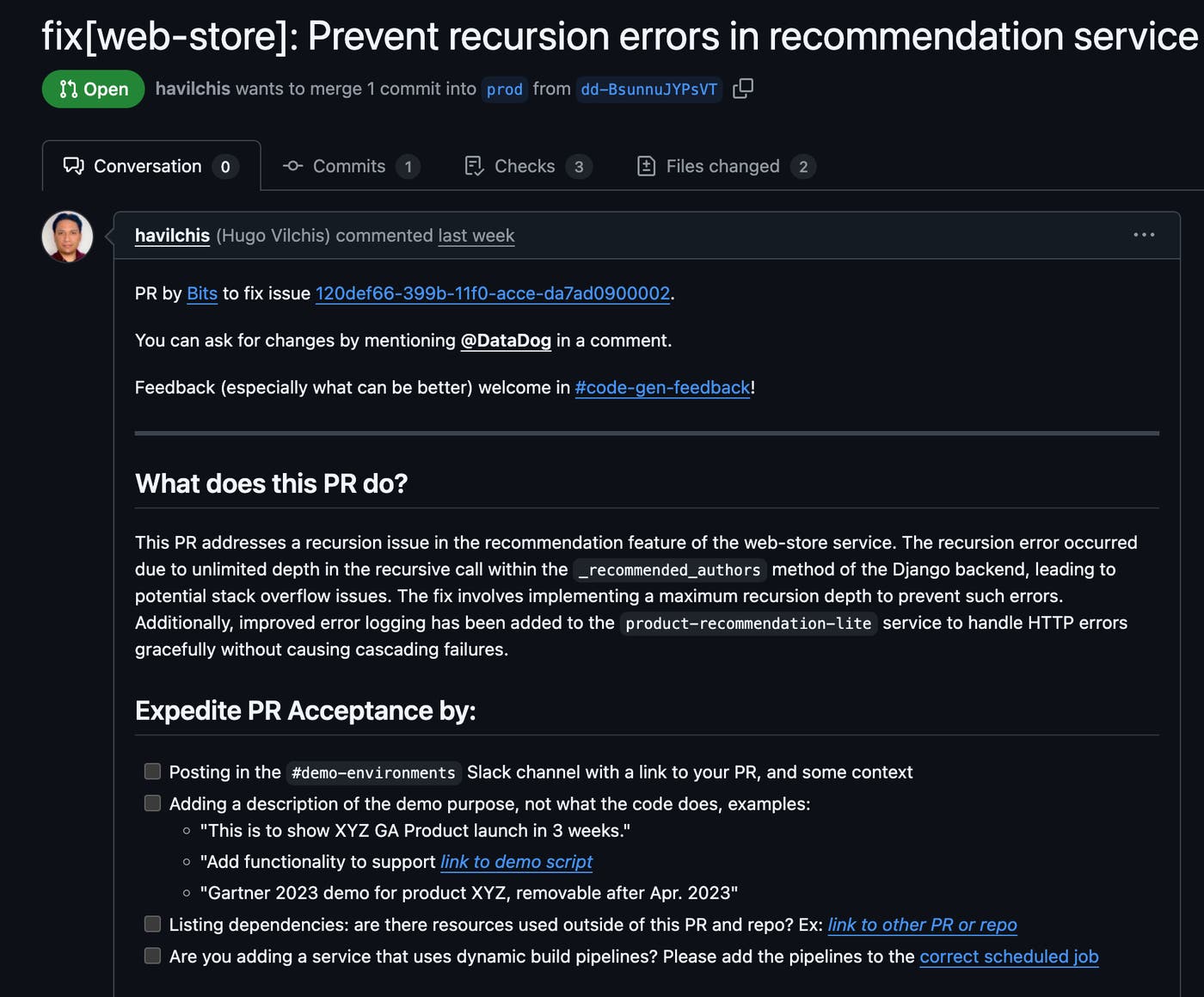 A PR shown in GitHub, created by Bits AI Dev Agent. A PR shown in GitHub, created by Bits AI Dev Agent.