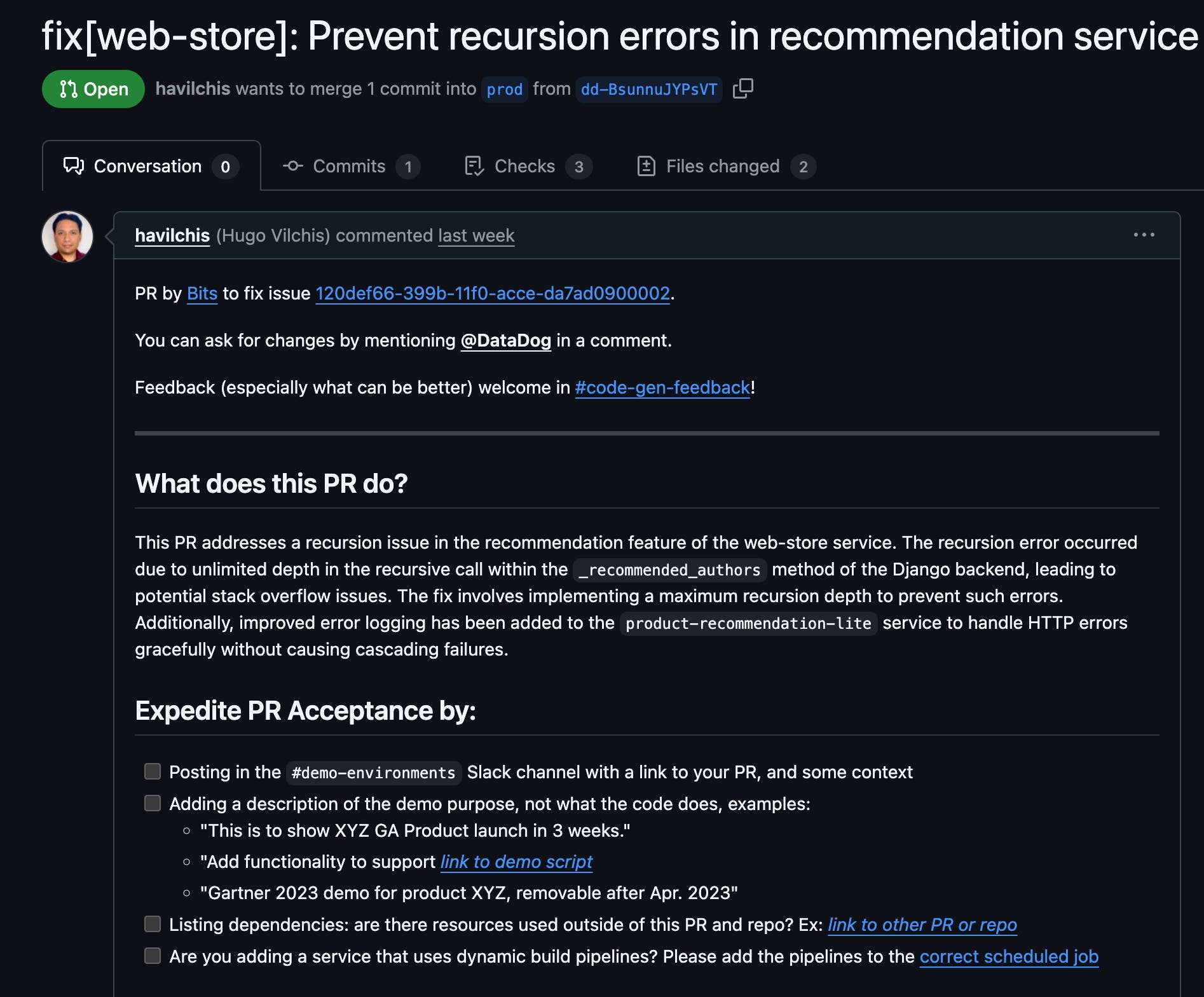 A PR shown in GitHub, created by Bits AI Dev Agent. A PR shown in GitHub, created by Bits AI Dev Agent.
