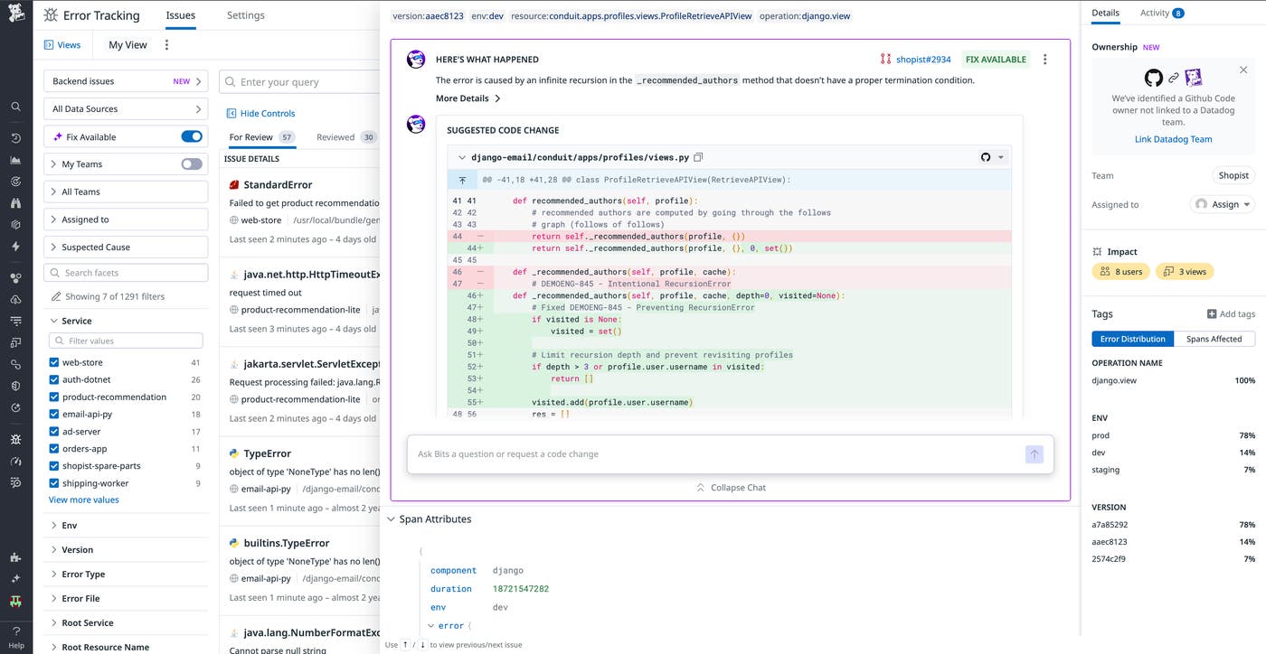 Bits Dev Agent showing issue context and proposed fix in Error Tracking. Bits Dev Agent showing issue context and proposed fix in Error Tracking.