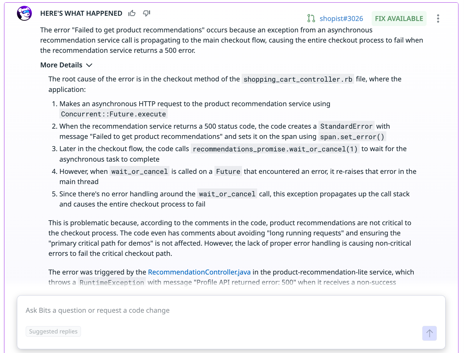 Scoped context of an issue and potential fix from Bits AI Dev Agent.