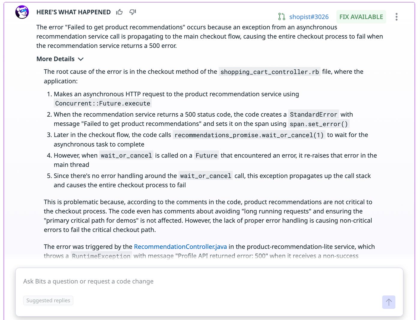 Scoped context of an issue and potential fix from Bits AI Dev Agent. Scoped context of an issue and potential fix from Bits AI Dev Agent.