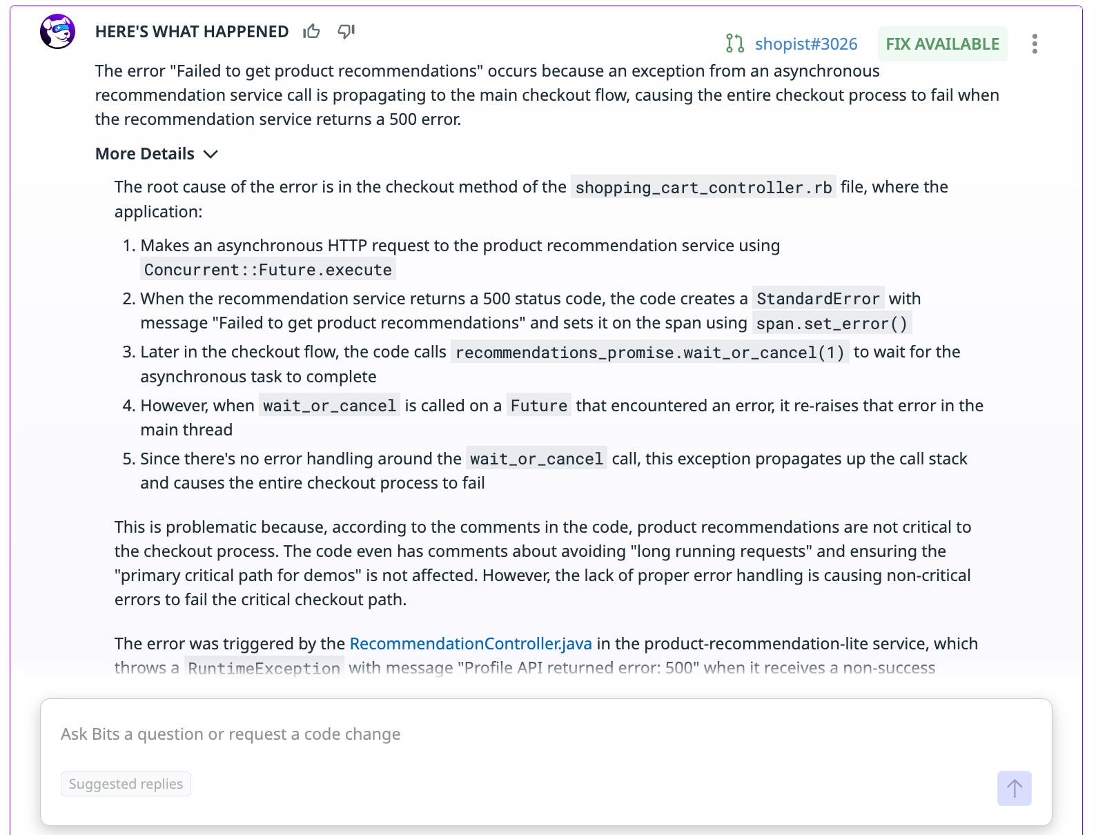 Scoped context of an issue and potential fix from Bits AI Dev Agent. Scoped context of an issue and potential fix from Bits AI Dev Agent.