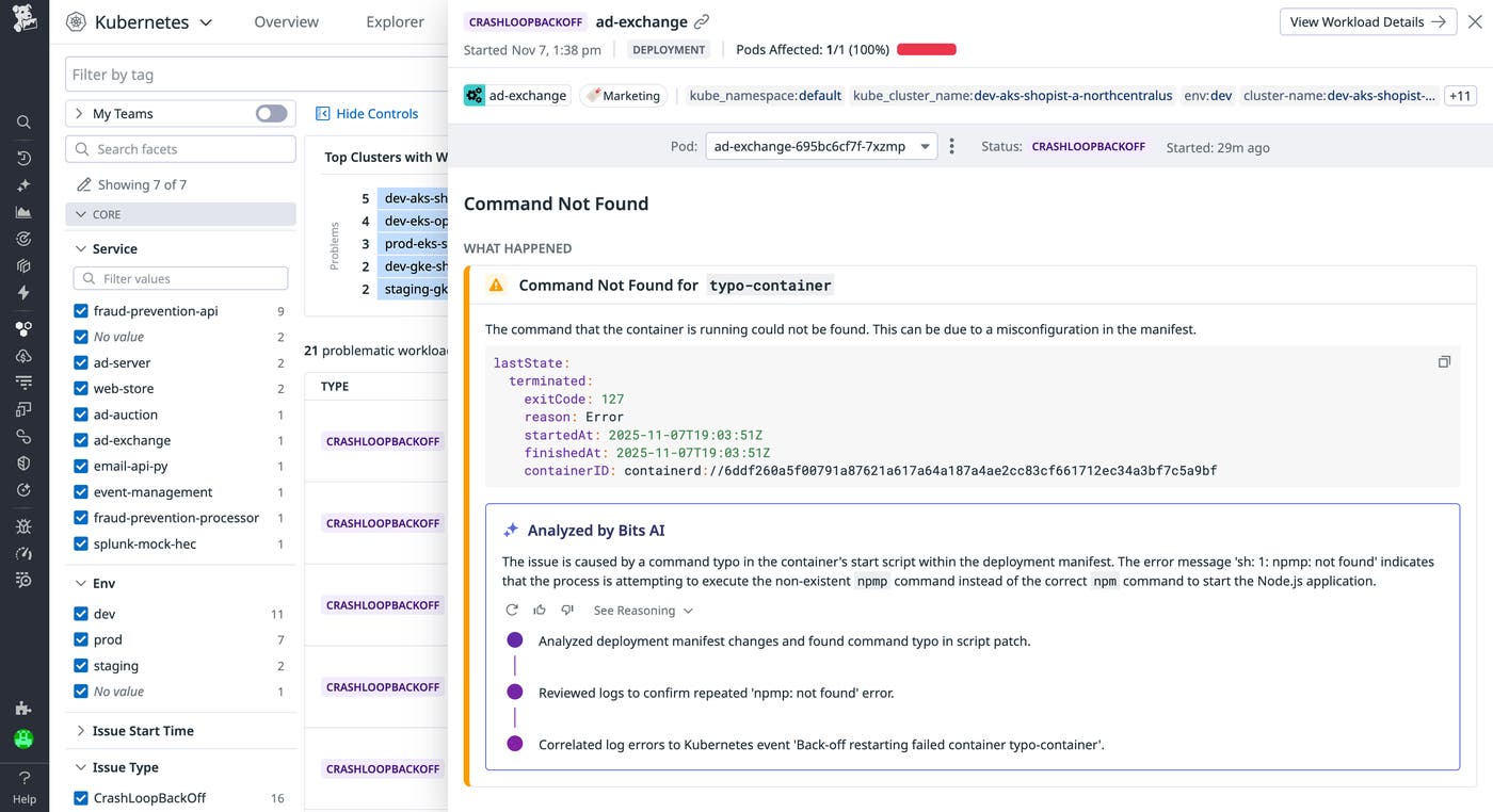 Screenshot of Bits AI analysis that explains that a command could not be found because of a typo. Screenshot of Bits AI analysis that explains that a command could not be found because of a typo.