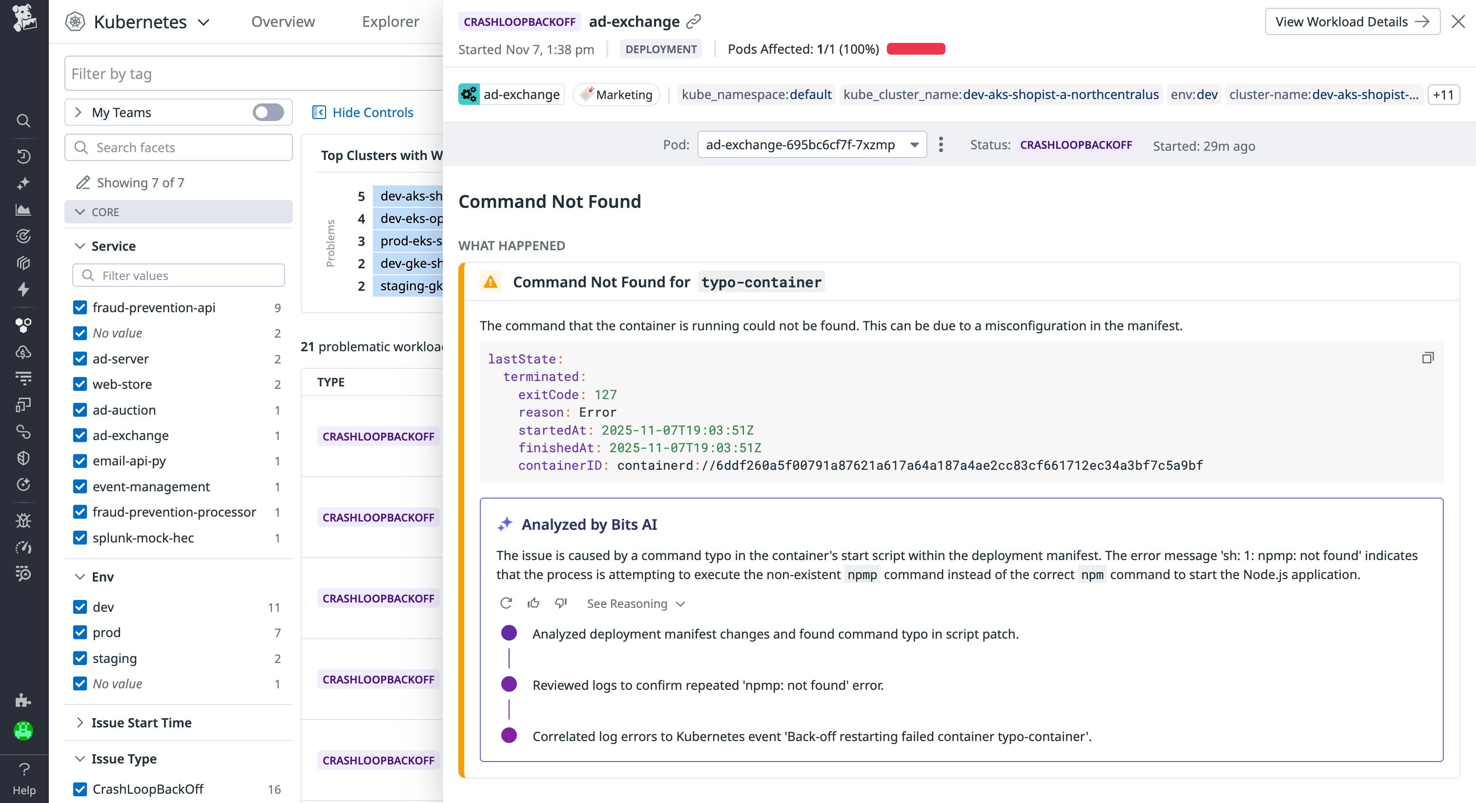 Screenshot of Bits AI analysis that explains that a command could not be found because of a typo. Screenshot of Bits AI analysis that explains that a command could not be found because of a typo.