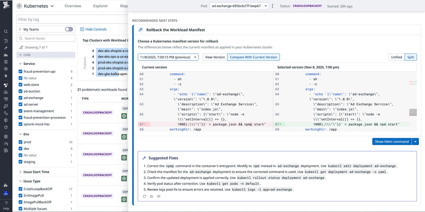 Screenshot of recommended next steps and suggested fixes from Bits AI. Screenshot of recommended next steps and suggested fixes from Bits AI.