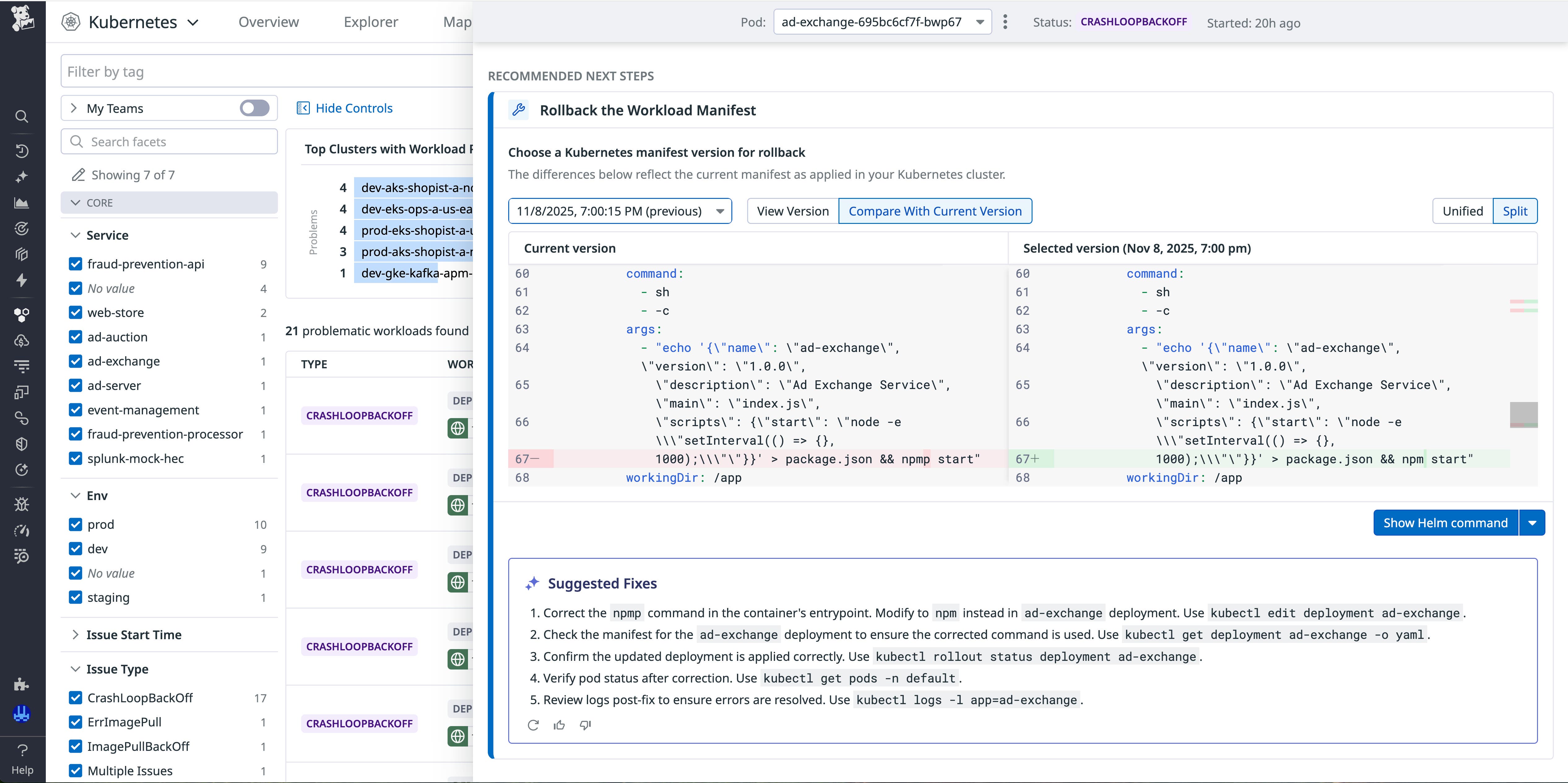 Screenshot of recommended next steps and suggested fixes from Bits AI. Screenshot of recommended next steps and suggested fixes from Bits AI.