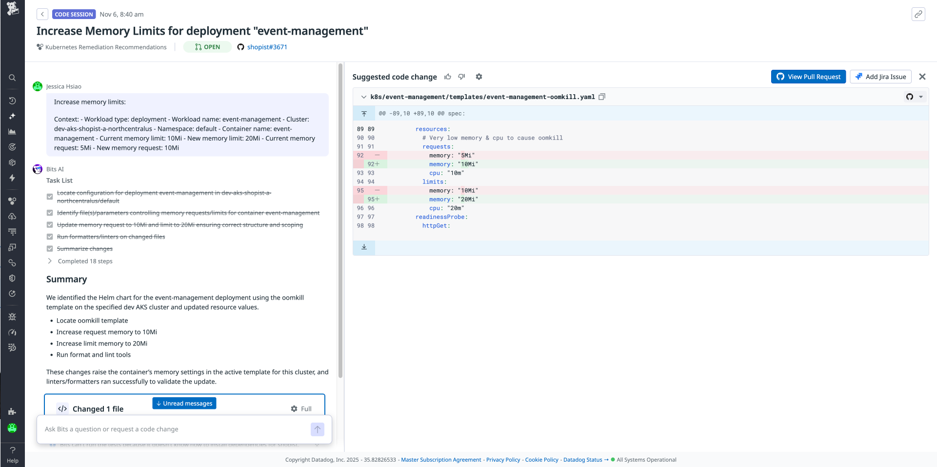 Screenshot of the pull request that includes the code changes to update the memory limit from 10 mebibytes to 20 mebibytes.