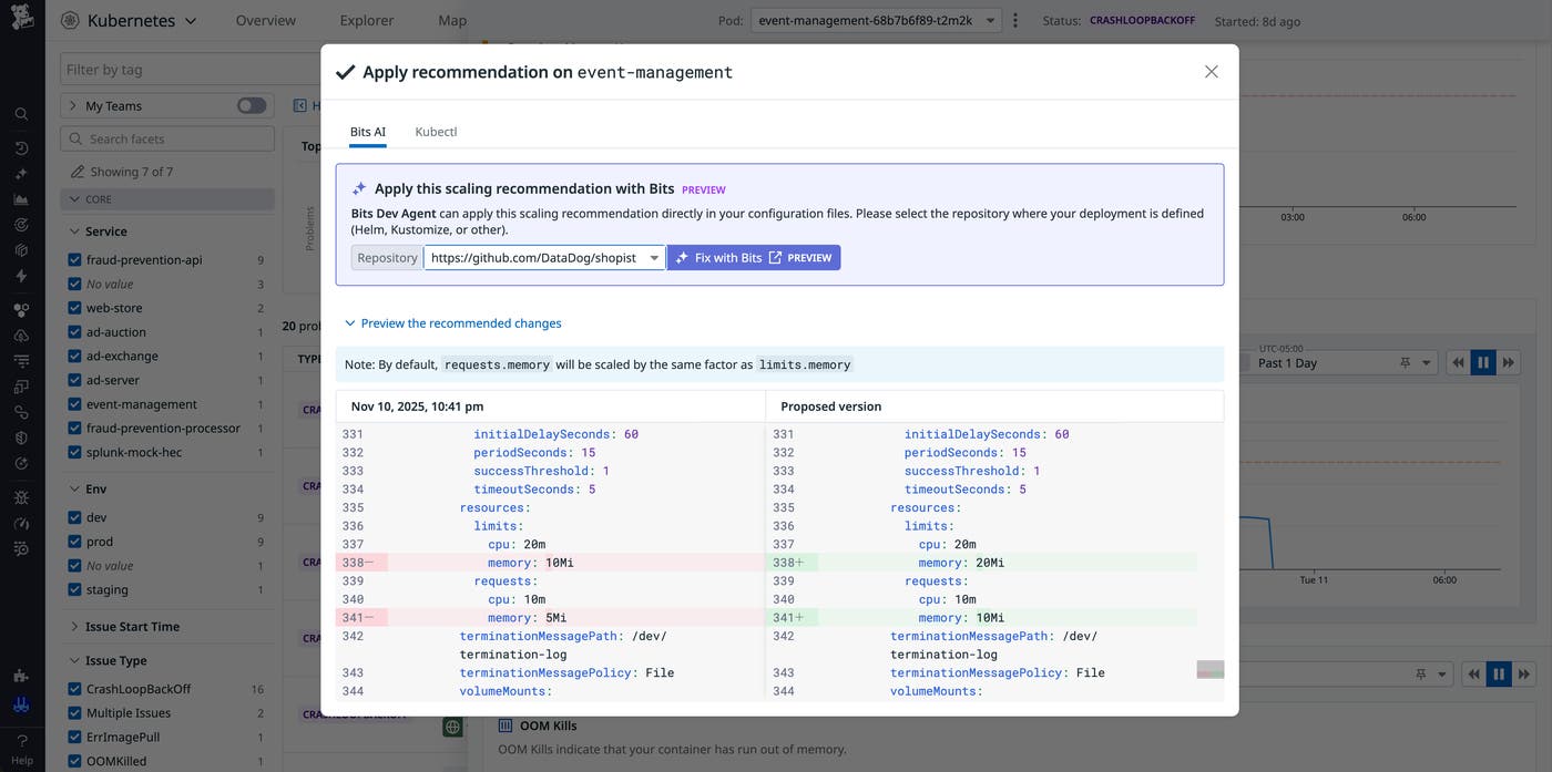 Screenshot of the preview of recommended changes, accompanied by functionality to choose your repository and apply the changes with Bits AI. Screenshot of the preview of recommended changes, accompanied by functionality to choose your repository and apply the changes with Bits AI.