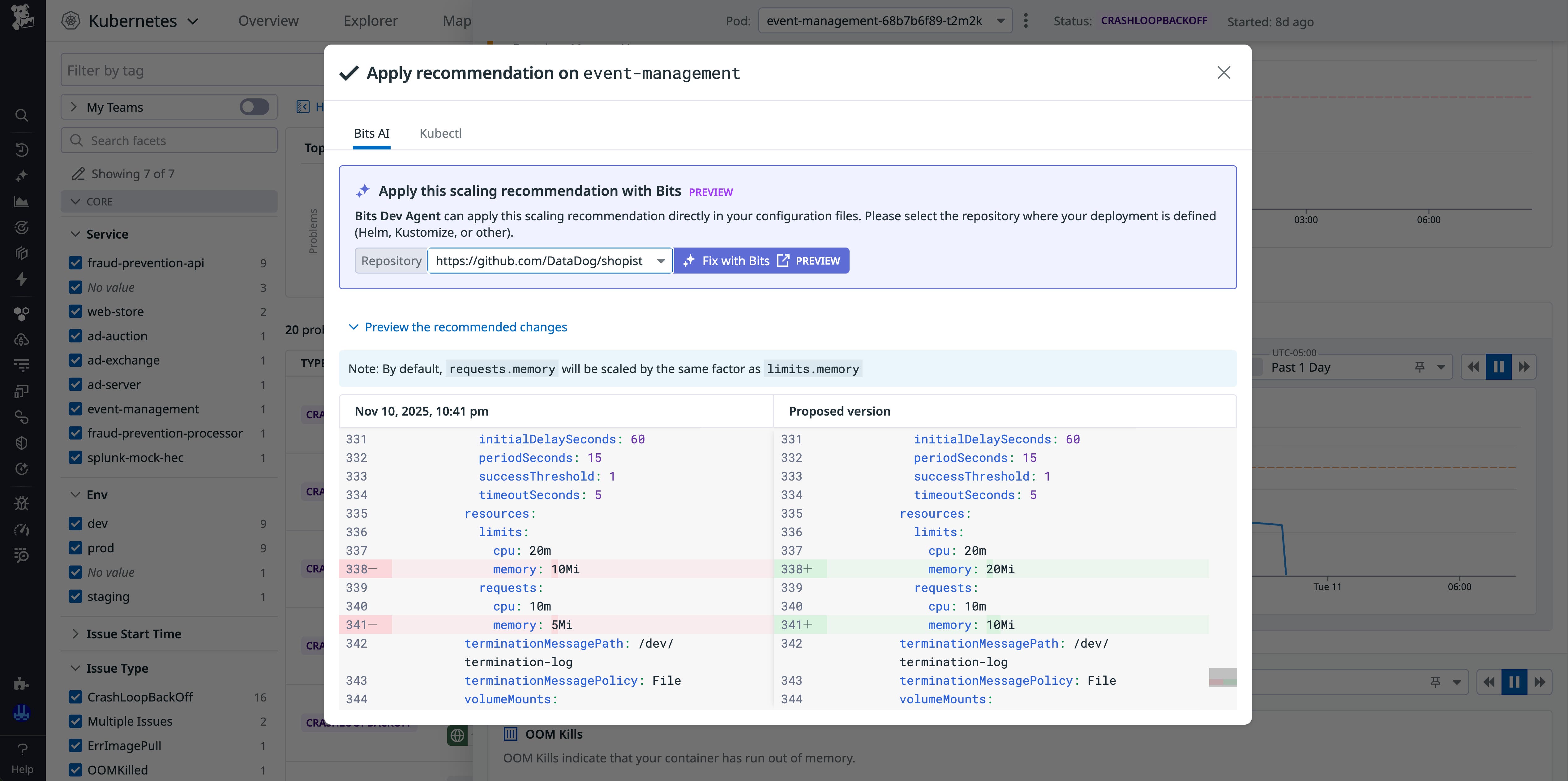 Screenshot of the preview of recommended changes, accompanied by functionality to choose your repository and apply the changes with Bits AI. Screenshot of the preview of recommended changes, accompanied by functionality to choose your repository and apply the changes with Bits AI.