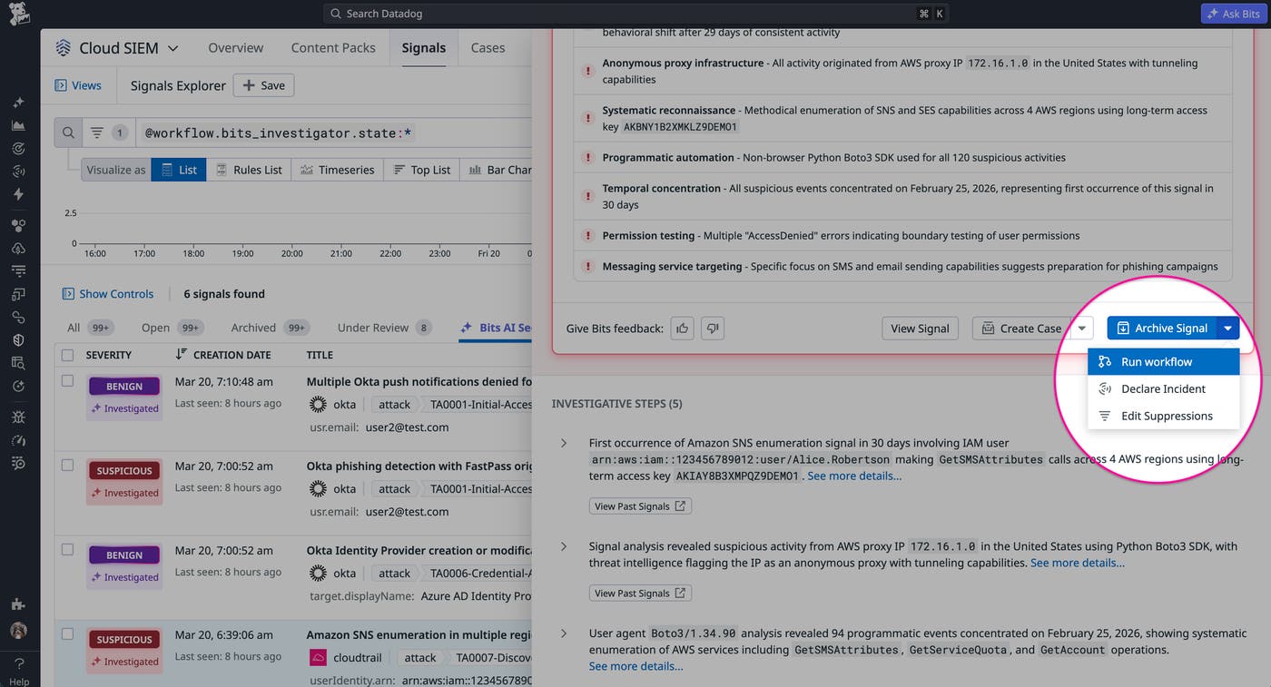 Cloud SIEM showing actions you can take on a signal. Cloud SIEM showing actions you can take on a signal.