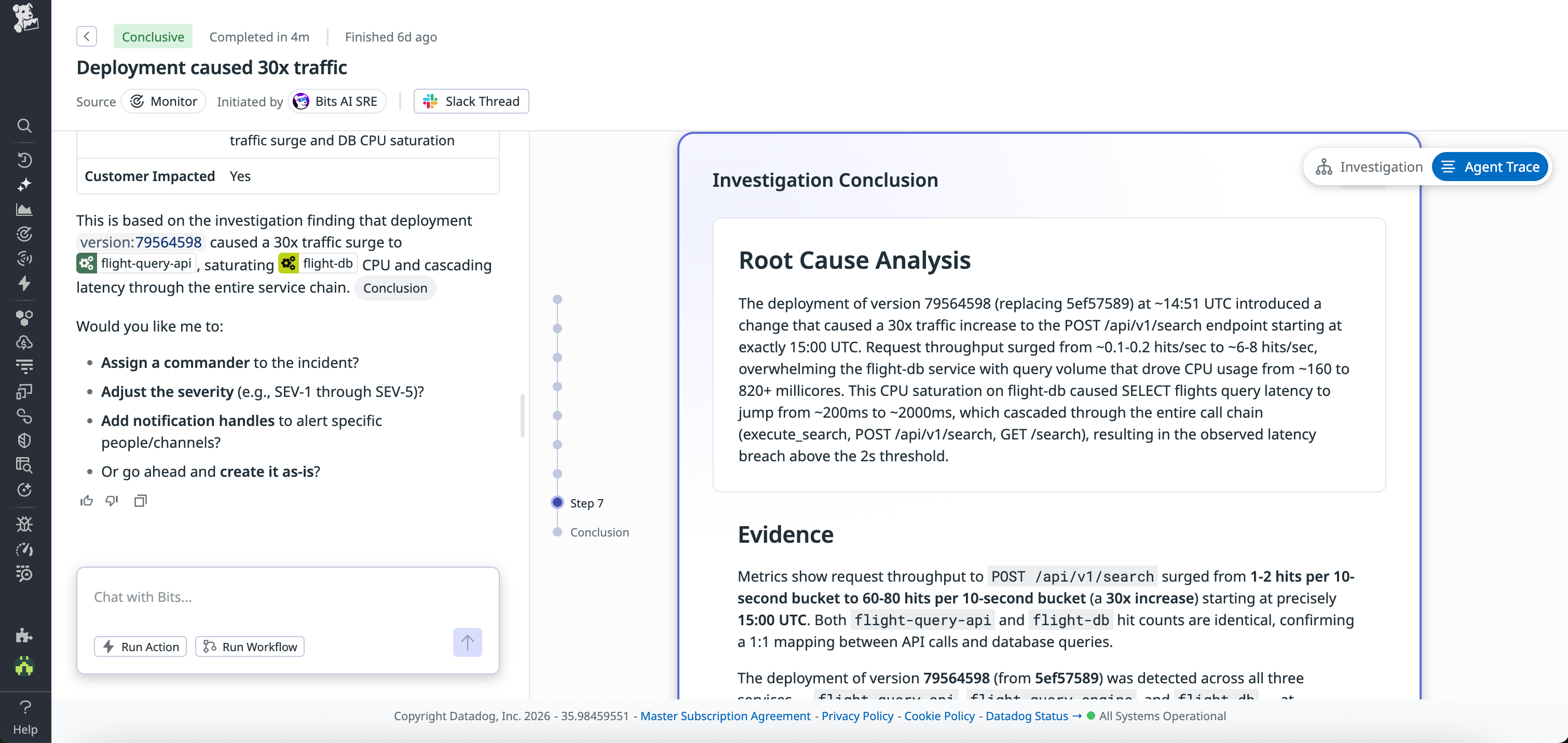 Screenshot of the Agent Trace view that includes the root cause analysis and evidence from the investigation by Bits AI SRE.