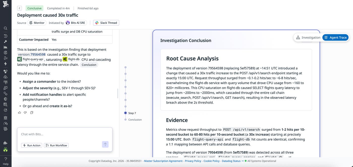 Screenshot of the Agent Trace view that includes the root cause analysis and evidence from the investigation by Bits AI SRE. Screenshot of the Agent Trace view that includes the root cause analysis and evidence from the investigation by Bits AI SRE.
