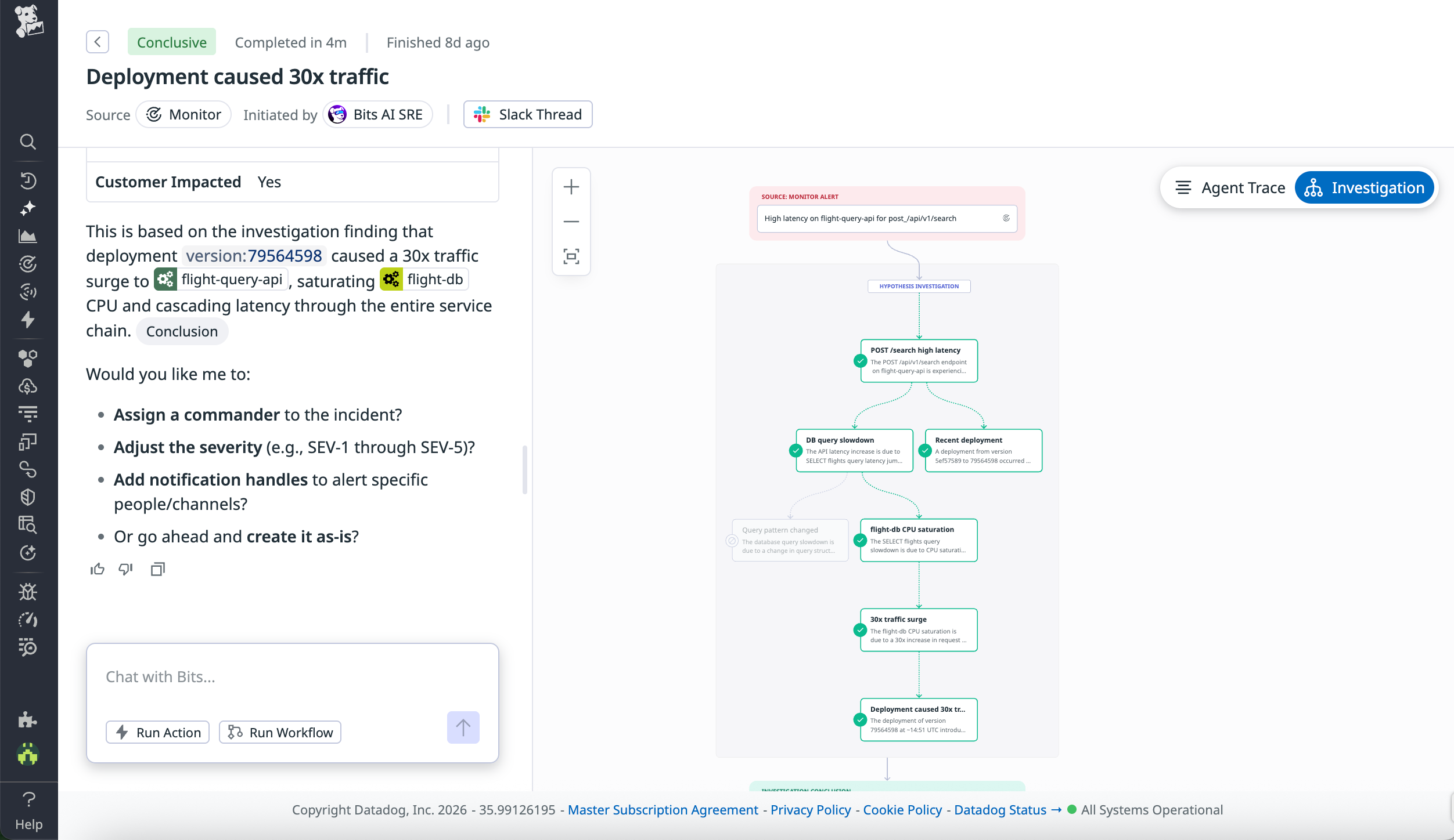 Screenshot that shows a chat with Bits AI SRE, in addition to a hypothesis tree that shows the agent’s reasoning as it explores high latency.