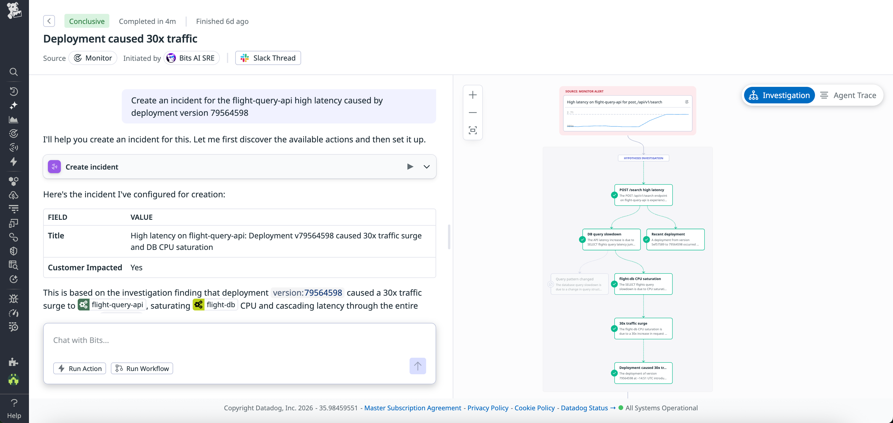 Screenshot of a chat where Bits AI SRE fulfills a user’s request to create an incident for a deployment that caused high latency.