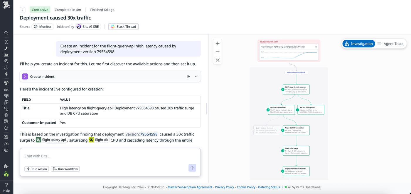 Screenshot of a chat where Bits AI SRE fulfills a user’s request to create an incident for a deployment that caused high latency. Screenshot of a chat where Bits AI SRE fulfills a user’s request to create an incident for a deployment that caused high latency.
