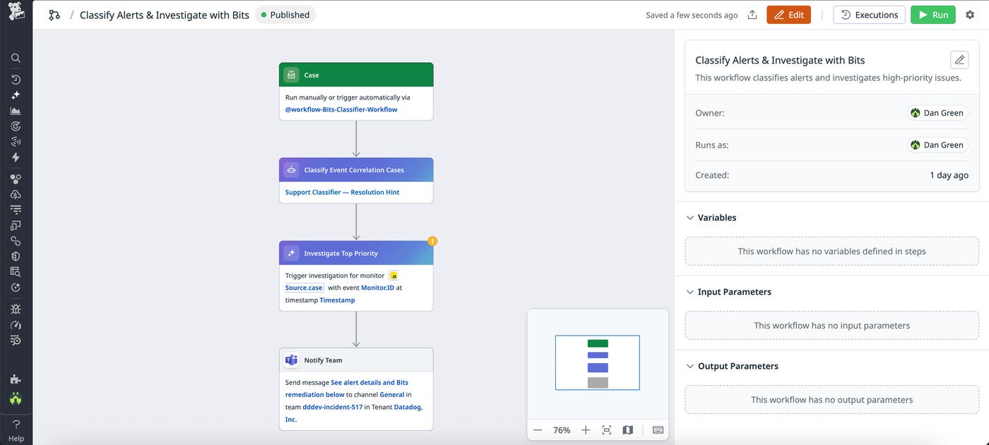 Screenshot of a workflow that includes steps to classify events, conduct investigations, and notify team members. Screenshot of a workflow that includes steps to classify events, conduct investigations, and notify team members.