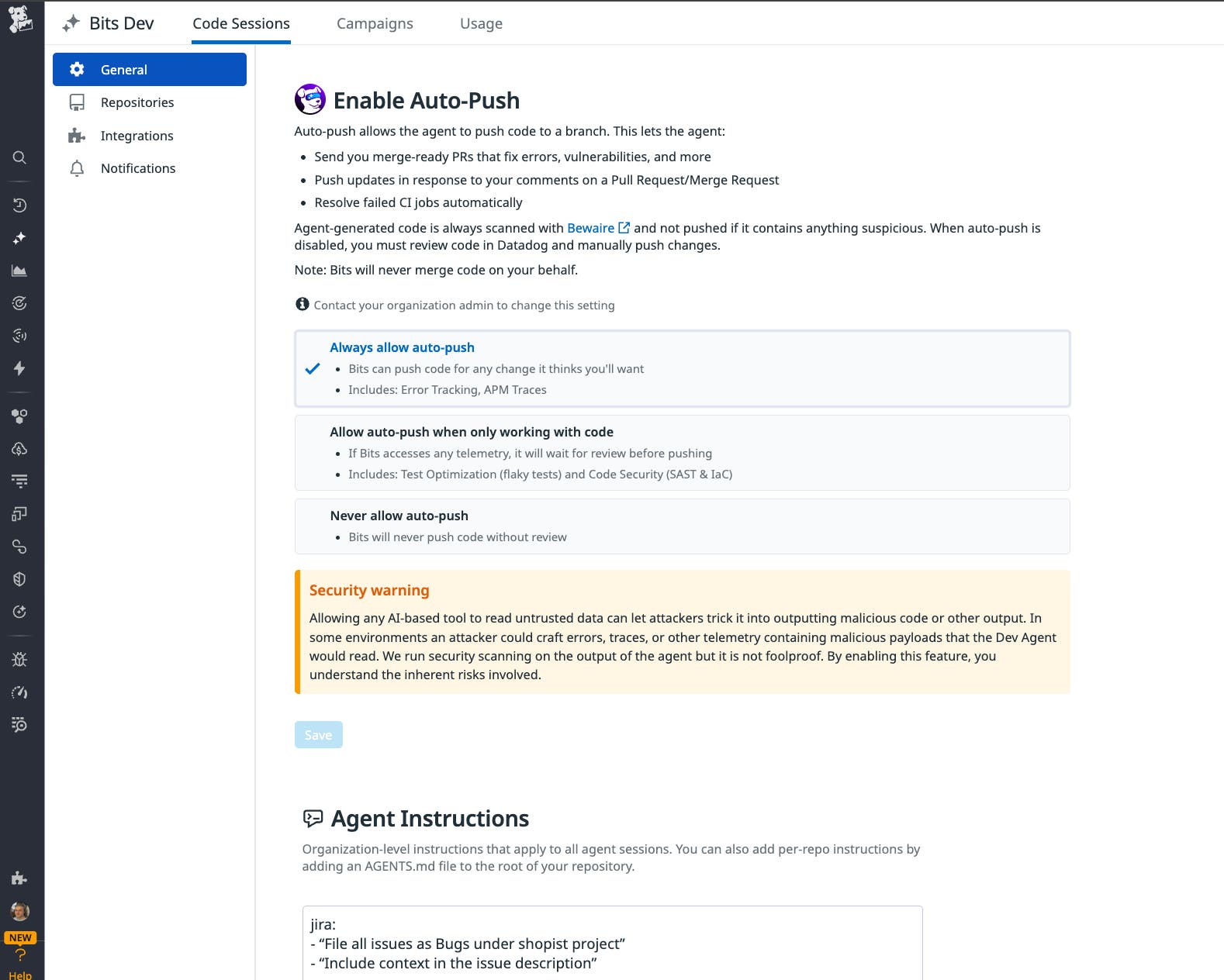 A screenshot showing the settings to enable auto-push for Bits AI Dev Agent PRs. A screenshot showing the settings to enable auto-push for Bits AI Dev Agent PRs.