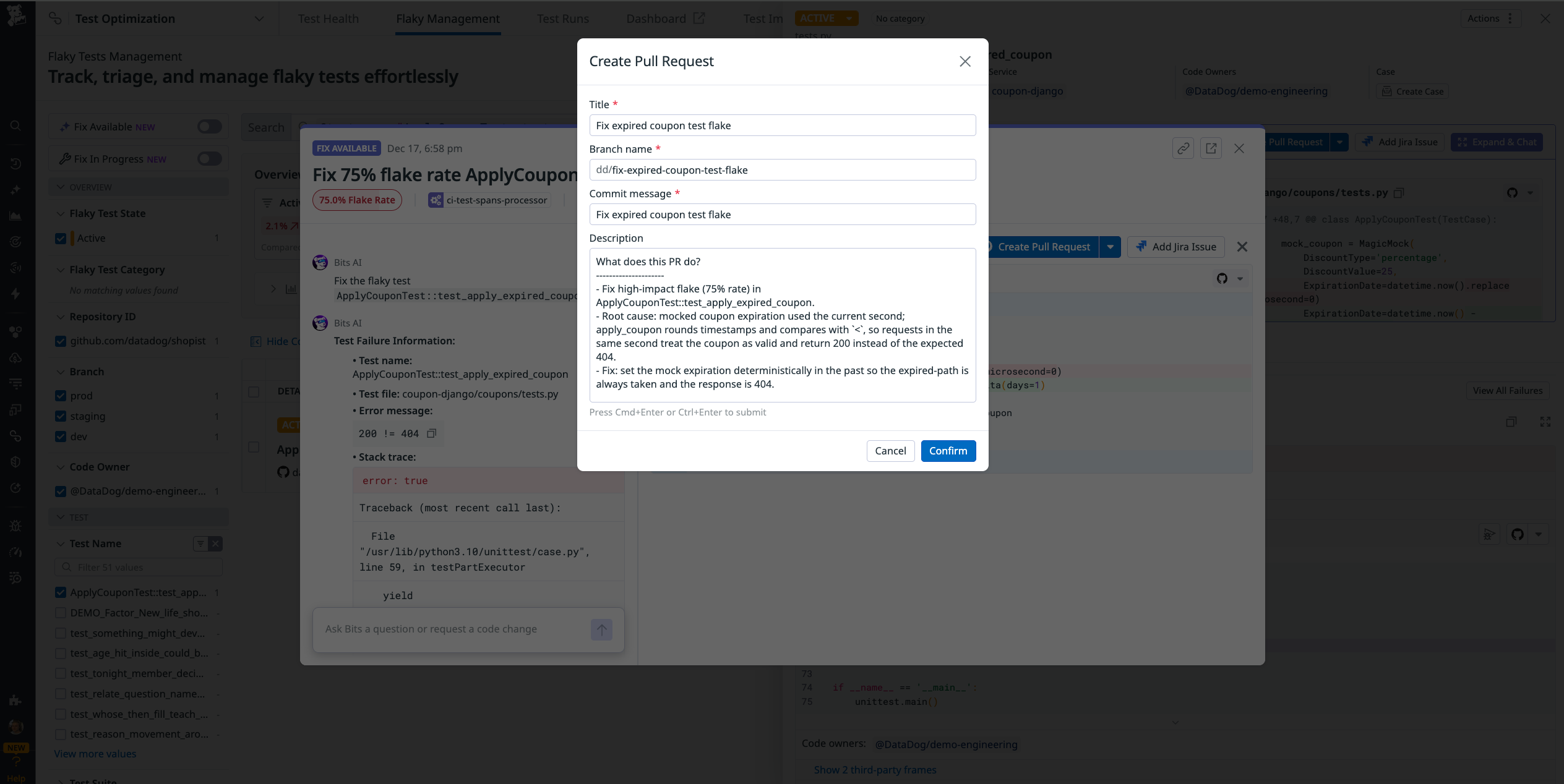A screenshot showing a PR automatically generated from a flaky test discovered by Bits AI.