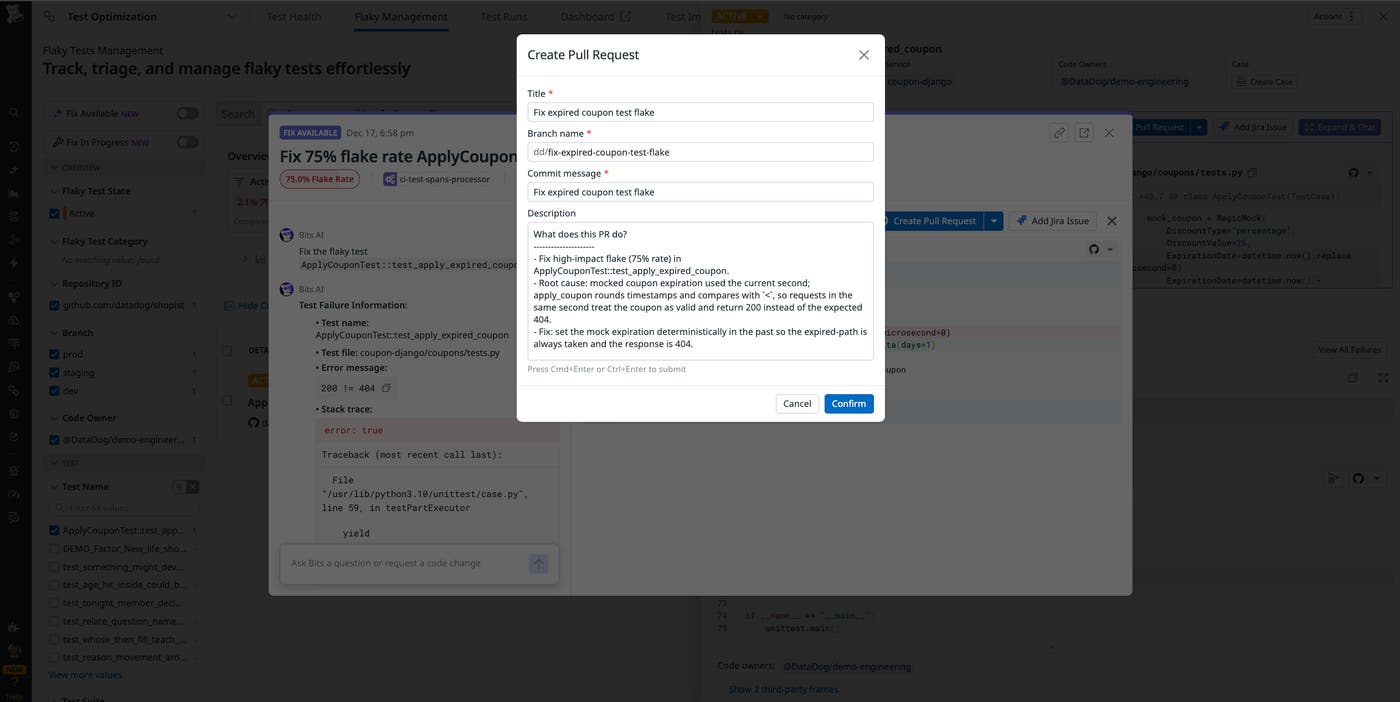 A screenshot showing a PR automatically generated from a flaky test discovered by Bits AI. A screenshot showing a PR automatically generated from a flaky test discovered by Bits AI.