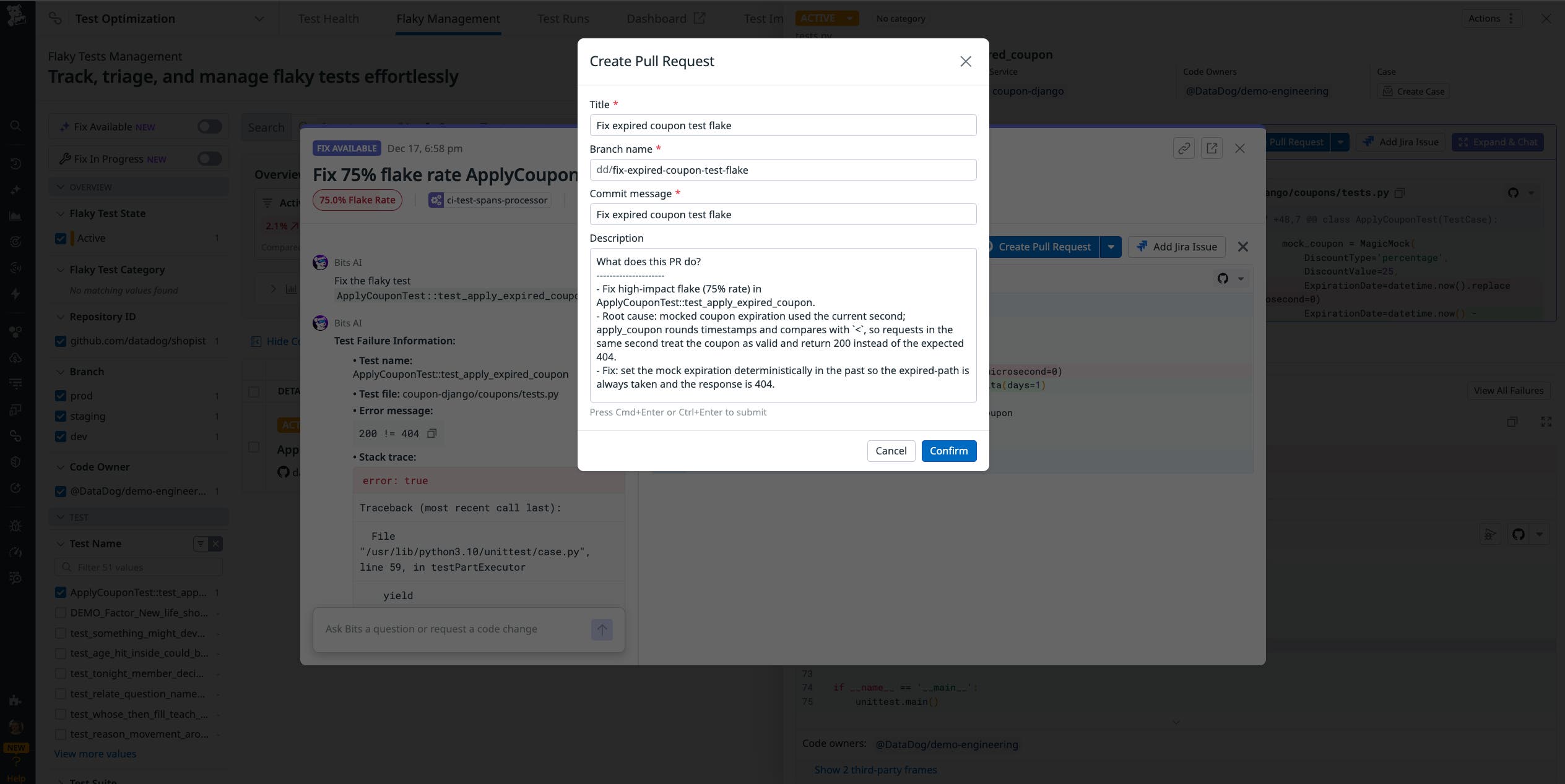 A screenshot showing a PR automatically generated from a flaky test discovered by Bits AI. A screenshot showing a PR automatically generated from a flaky test discovered by Bits AI.