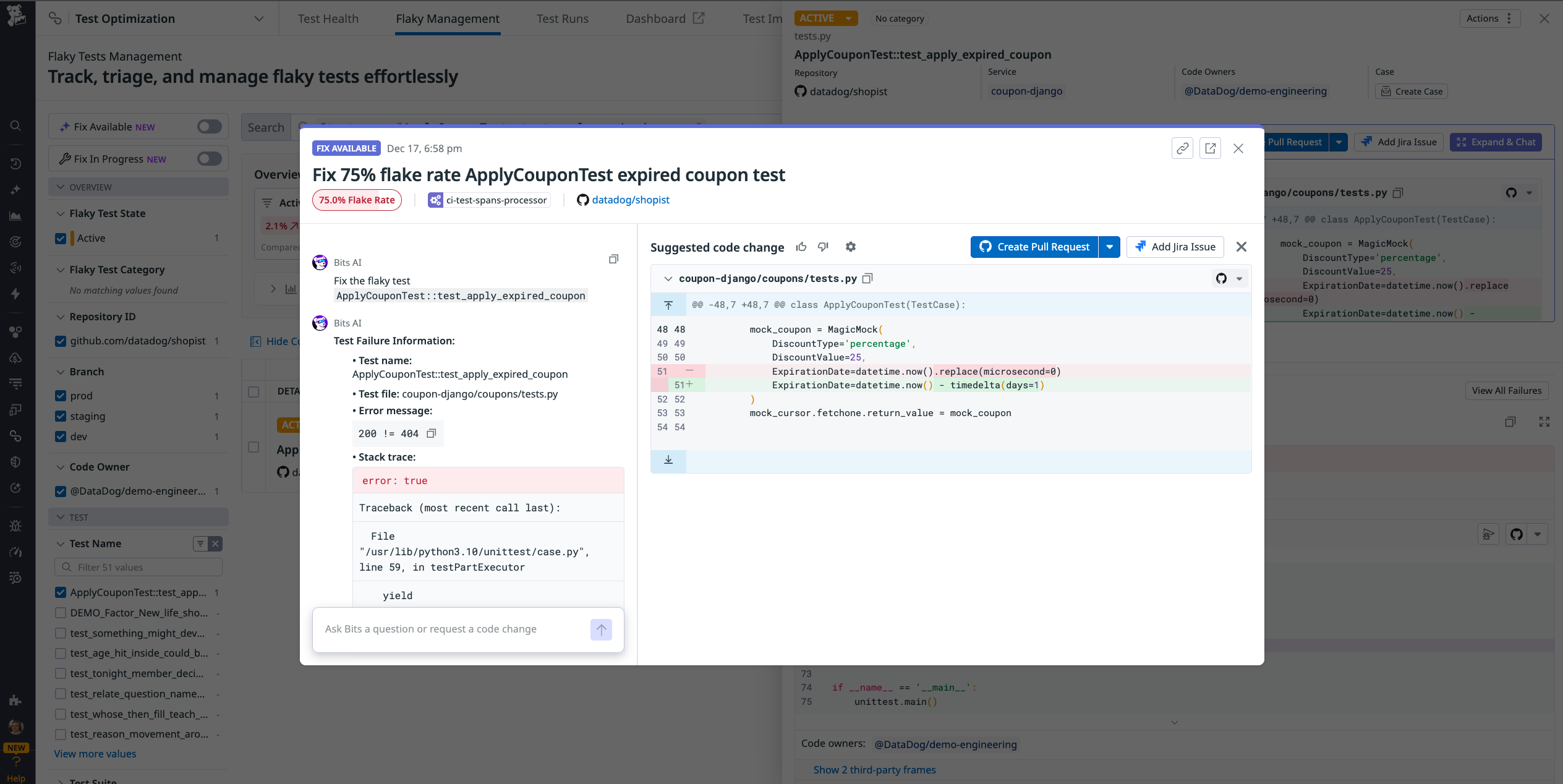 A screenshot showing a flaky test and a suggested fix from the Bits AI Dev Agent.