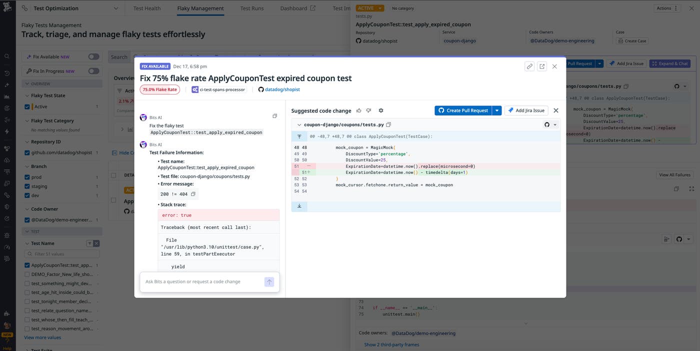 A screenshot showing a flaky test and a suggested fix from the Bits AI Dev Agent. A screenshot showing a flaky test and a suggested fix from the Bits AI Dev Agent.
