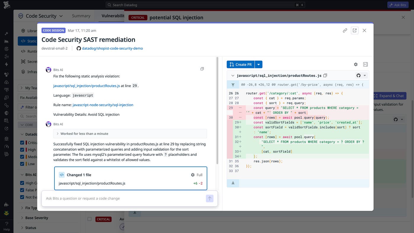 Bits AI SAST remediation session showing an SQL injection fix with a code diff in productRoutes.js. Bits AI SAST remediation session showing an SQL injection fix with a code diff in productRoutes.js.