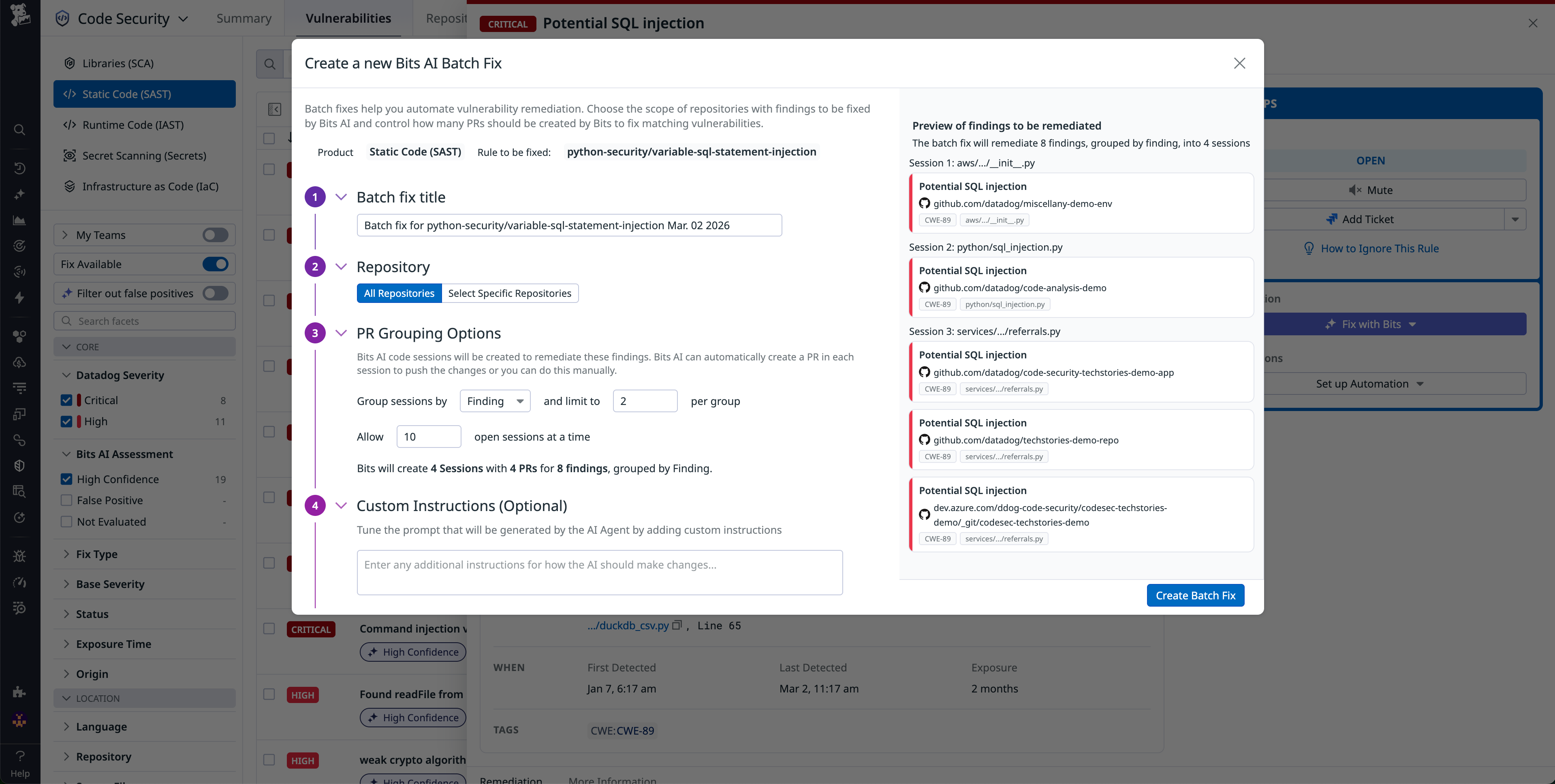 Create a new Bits AI Batch Fix modal showing PR grouping options and a preview of findings to remediate.