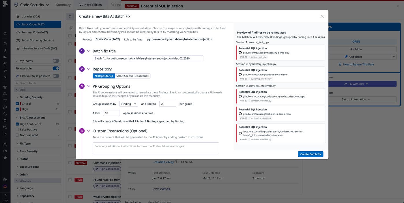 Create a new Bits AI Batch Fix modal showing PR grouping options and a preview of findings to remediate. Create a new Bits AI Batch Fix modal showing PR grouping options and a preview of findings to remediate.