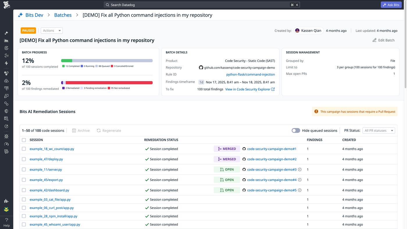 Batch detail view showing session progress, remediation status, and PR states for a Python command injection fix campaign. Batch detail view showing session progress, remediation status, and PR states for a Python command injection fix campaign.