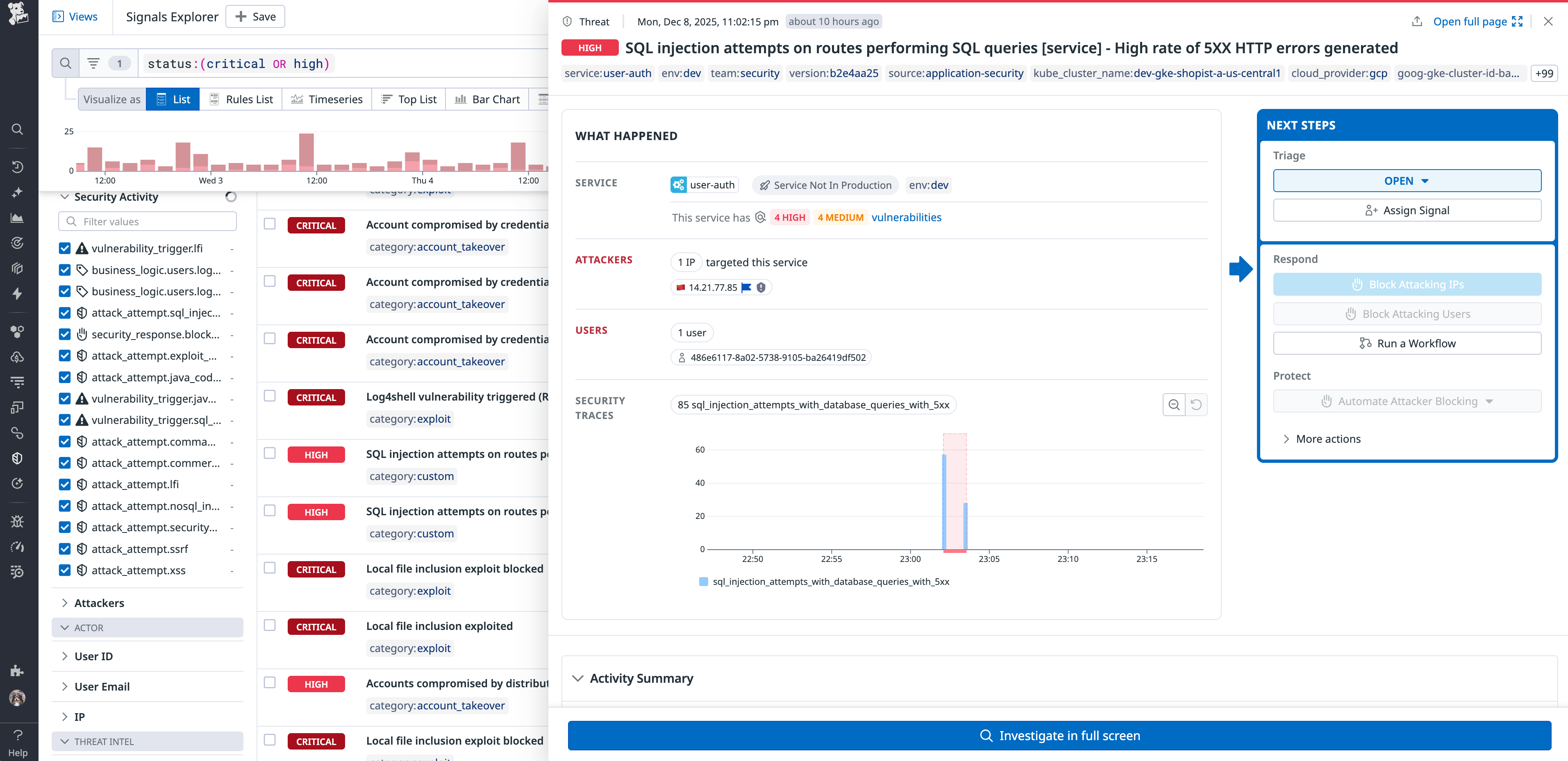 AAP signal sidepanel showing attacking IPs