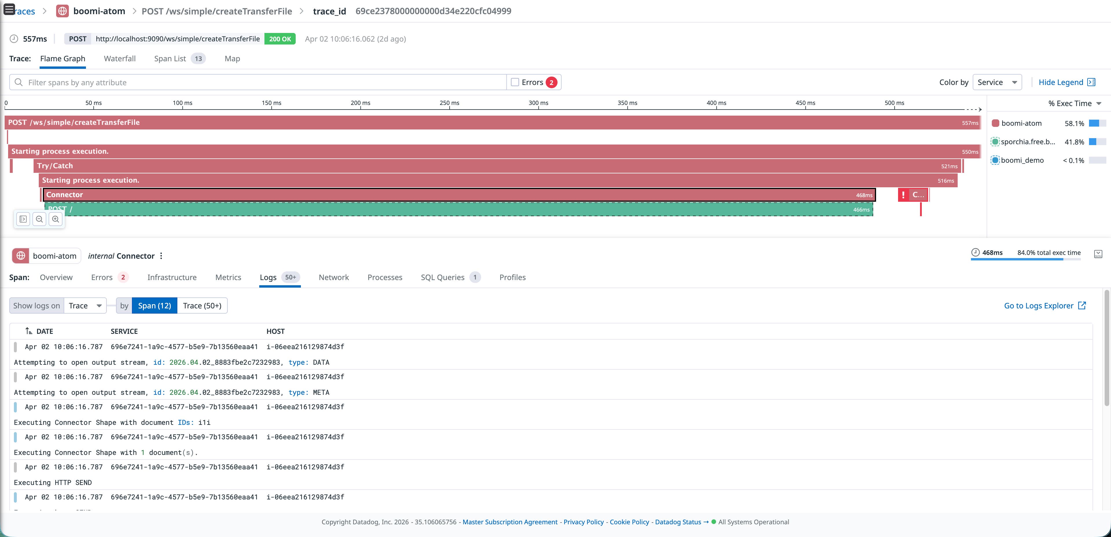 Datadog APM span panel showing Boomi process logs correlated to a trace by span ID and host. Datadog APM span panel showing Boomi process logs correlated to a trace by span ID and host.