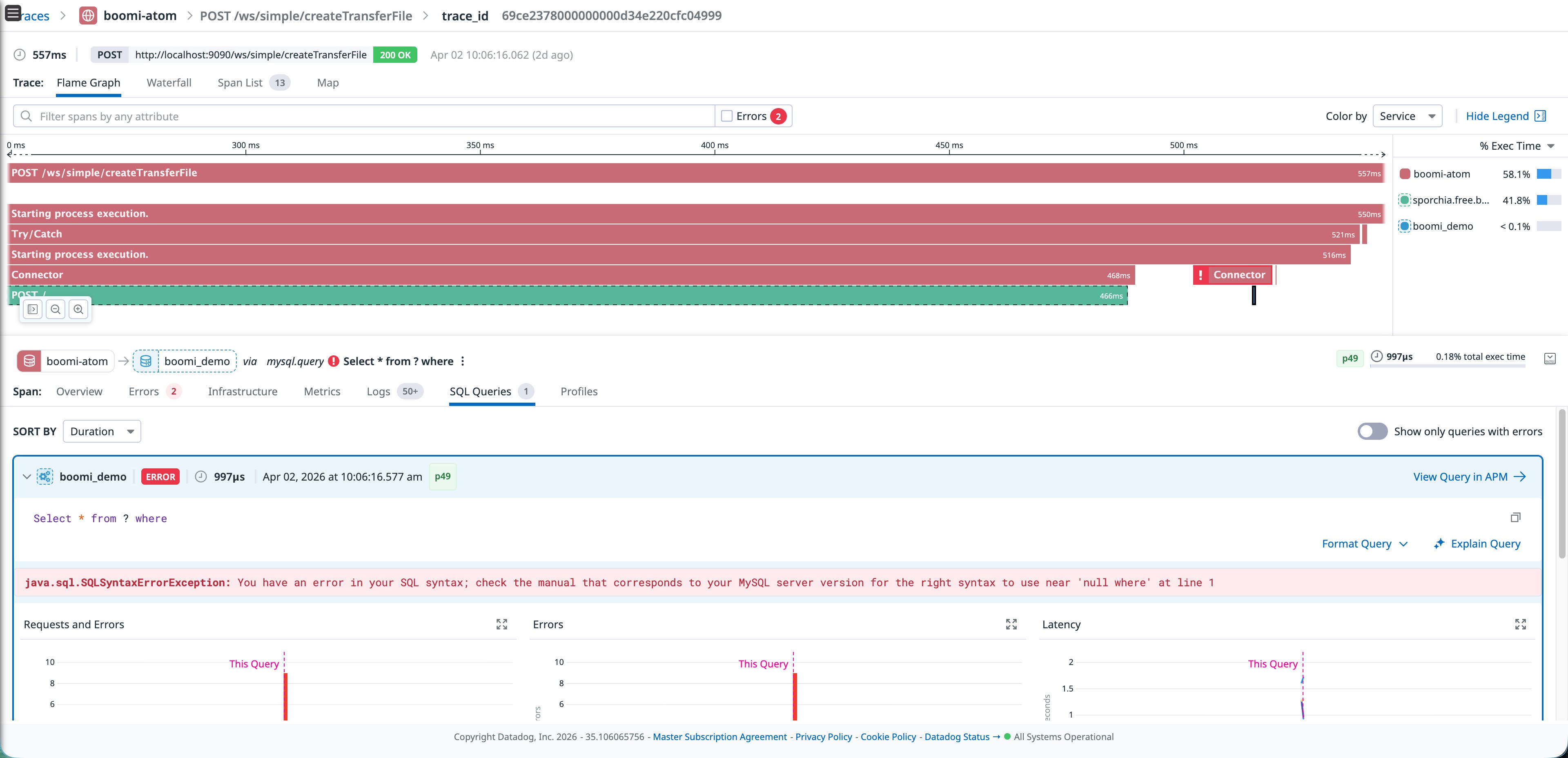 Datadog APM trace for a Boomi process showing a SQL syntax error linked to the query execution plan in Database Monitoring. Datadog APM trace for a Boomi process showing a SQL syntax error linked to the query execution plan in Database Monitoring.