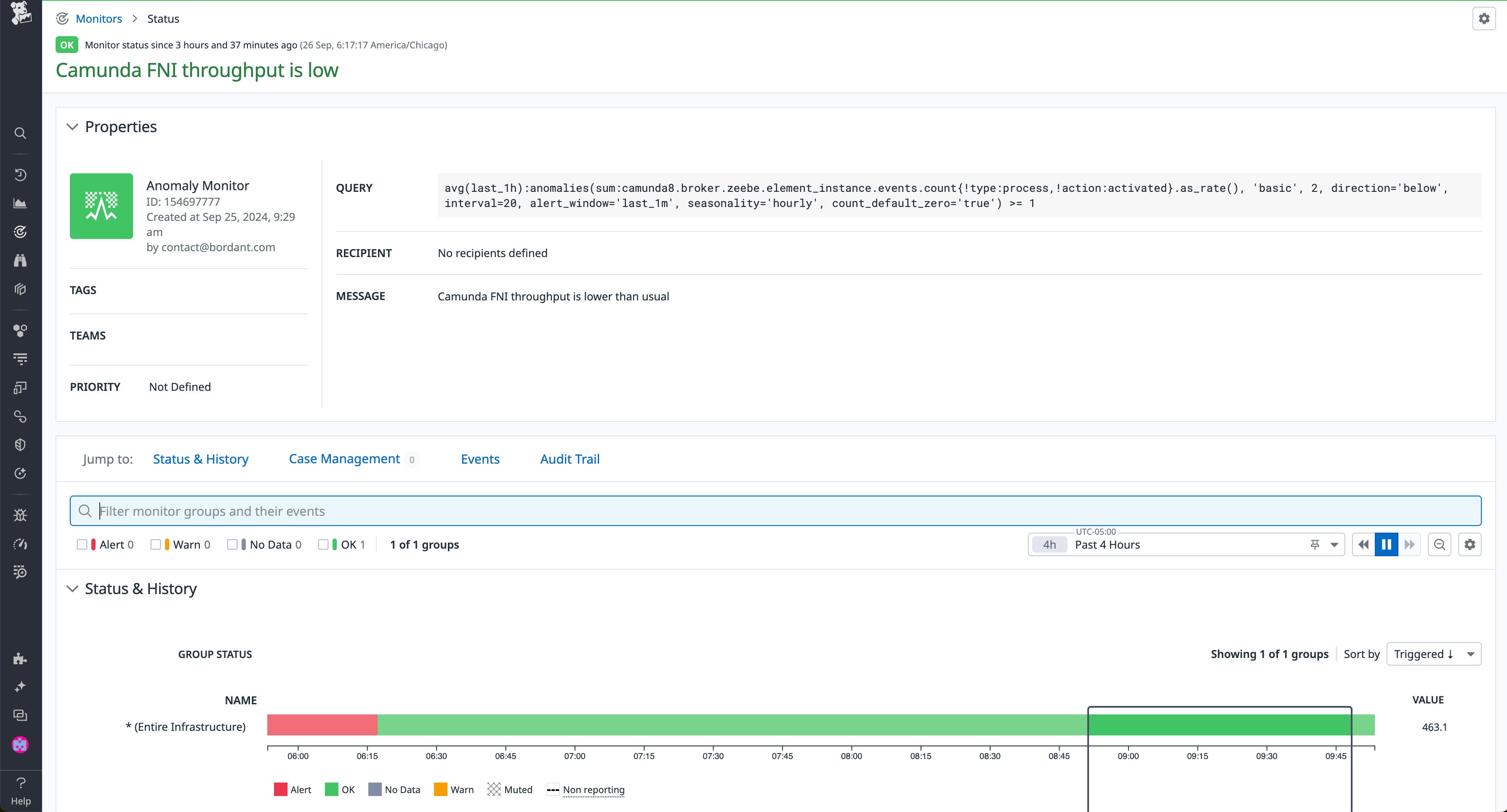 View of the Monitor Status page displaying an alert that monitors Camunda 8 flow node instance (FNI) throughput View of the Monitor Status page displaying an alert that monitors Camunda 8 flow node instance (FNI) throughput