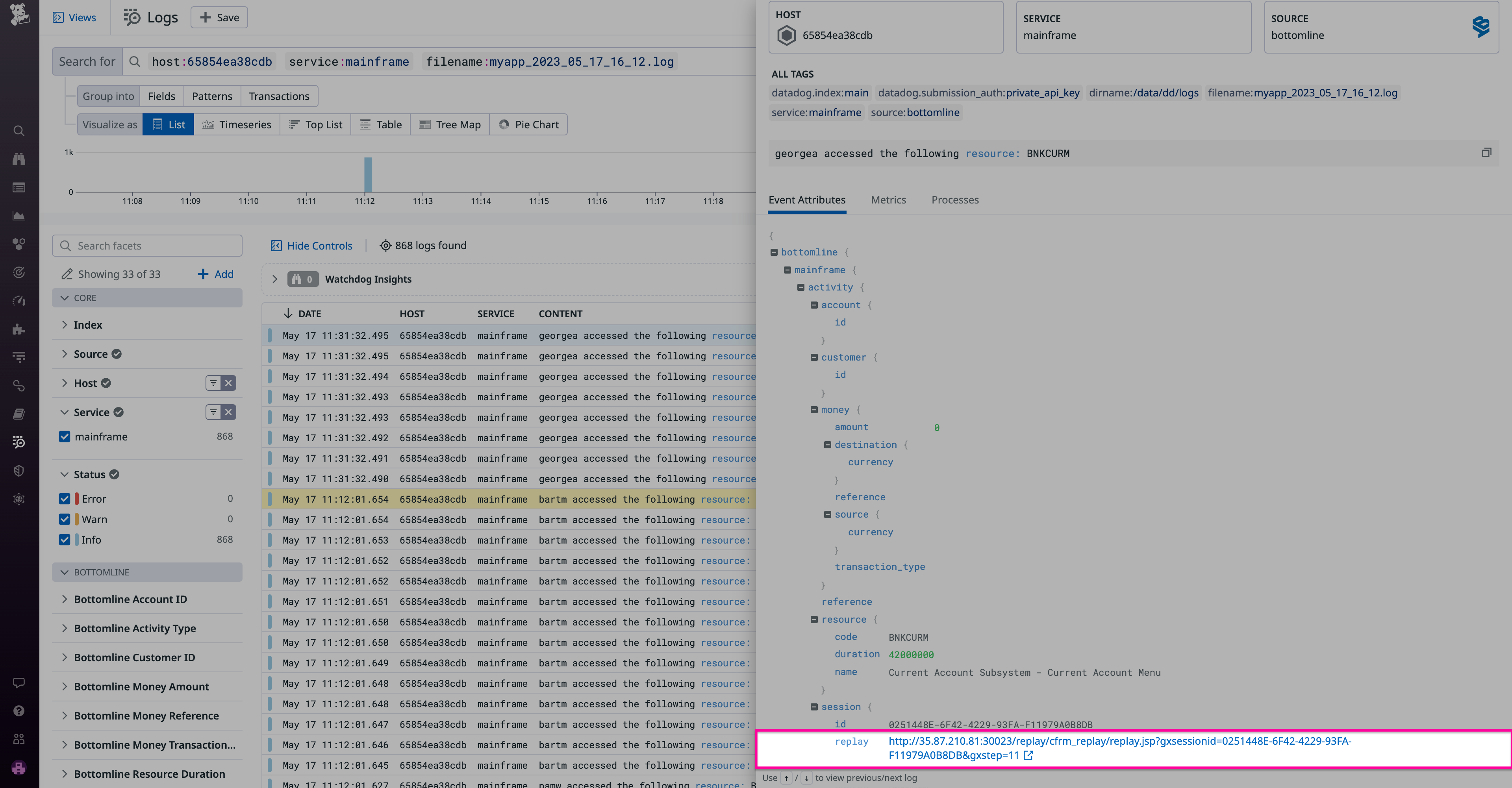Datadog logs link directly to Bottomline Record and Replay