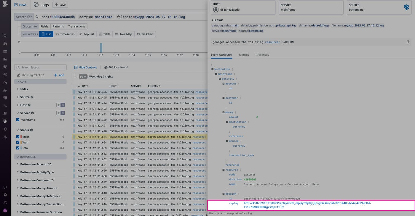 Datadog logs link directly to Bottomline Record and Replay Datadog logs link directly to Bottomline Record and Replay