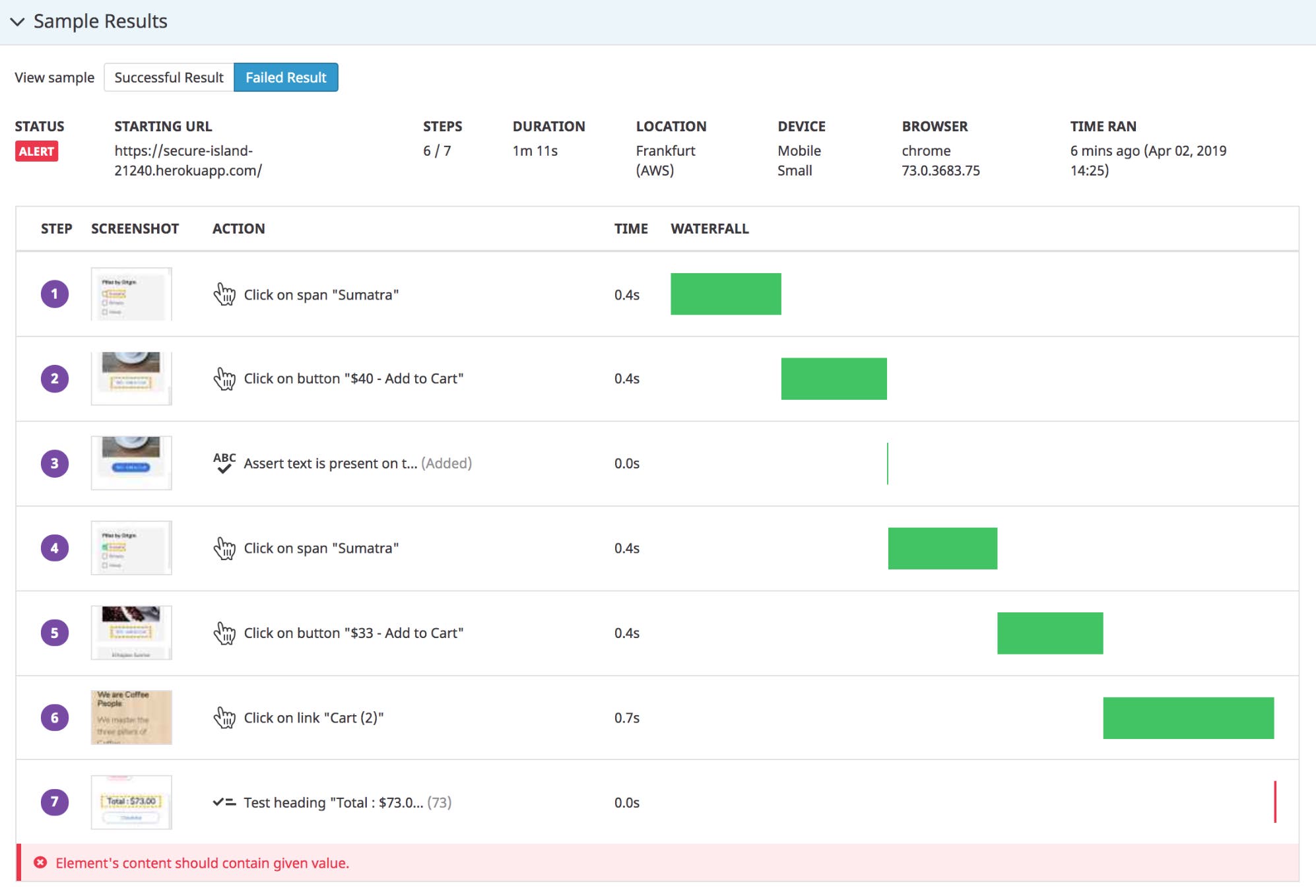 Waterfall visualization and UI screenshots for each step in an executed browser test Waterfall visualization and UI screenshots for each step in an executed browser test