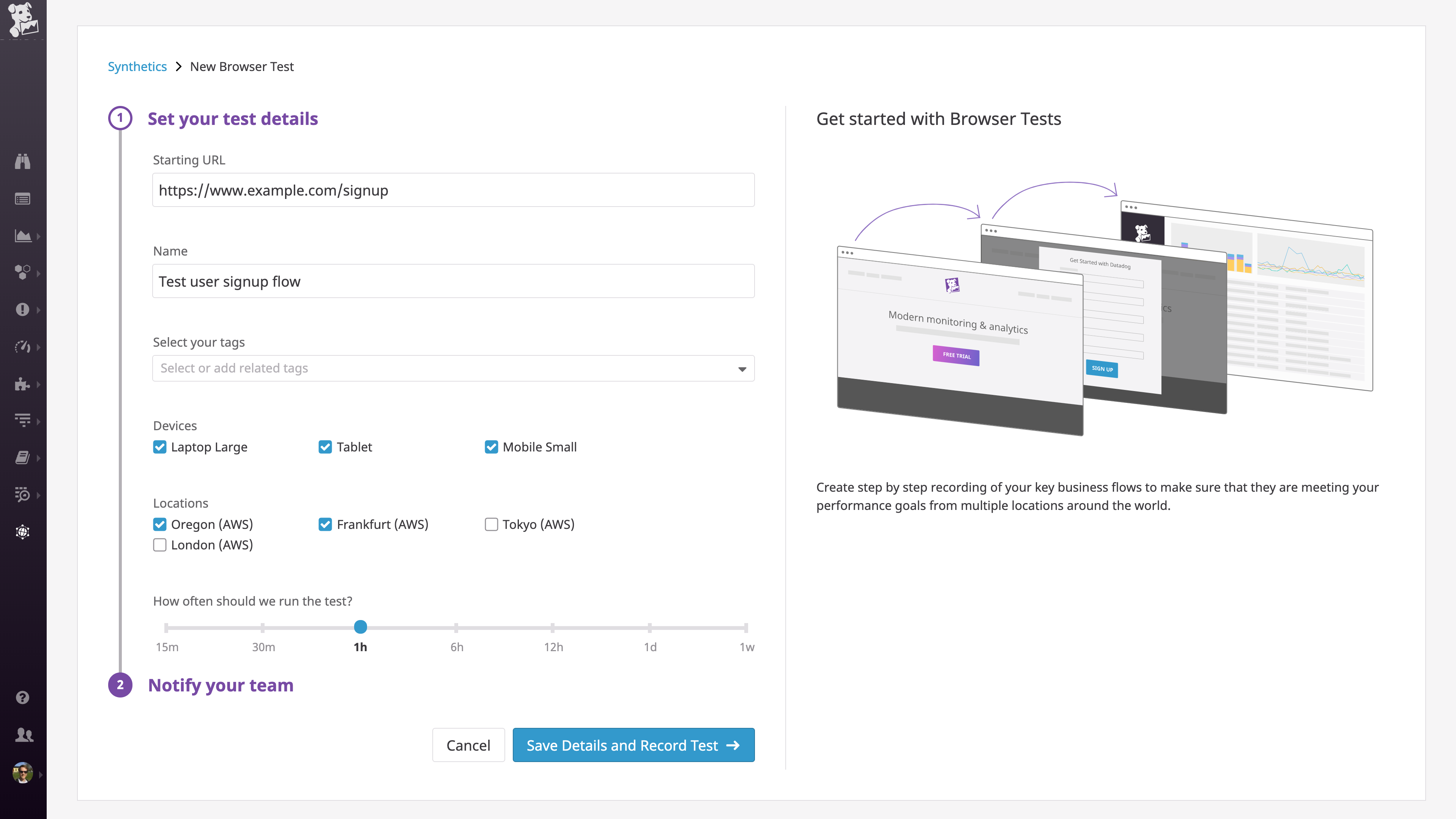 Choosing hosted locations for automated browser tests in the Datadog Synthetic Monitoring UI