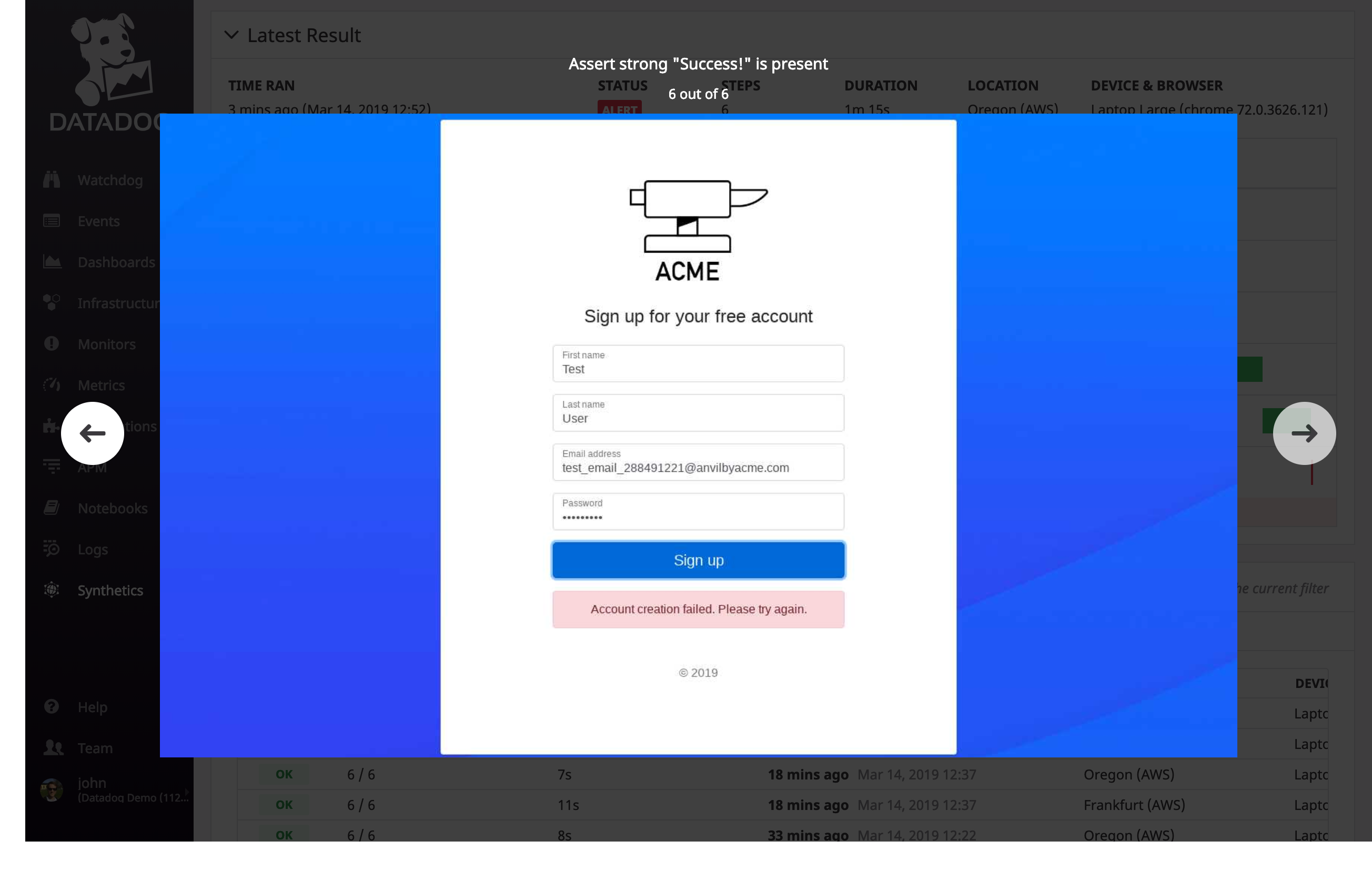 Datadog browser tests automatically display context for troubleshooting