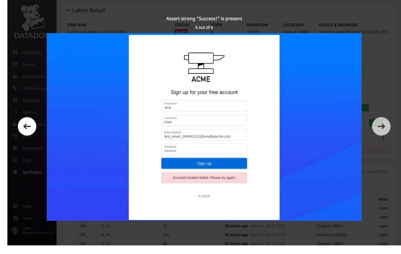 Datadog browser tests automatically display context for troubleshooting Datadog browser tests automatically display context for troubleshooting