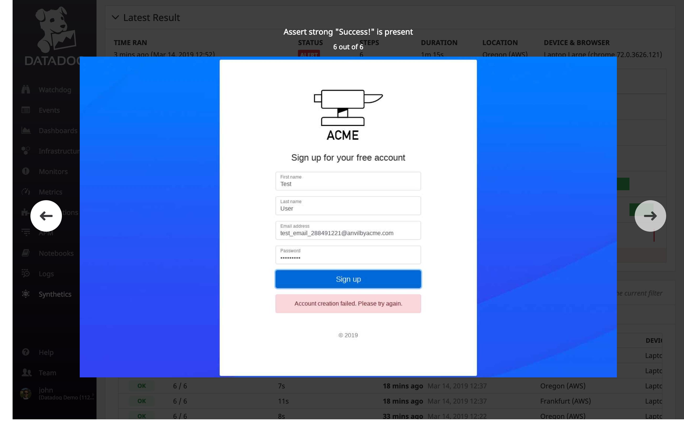 Datadog browser tests automatically display context for troubleshooting Datadog browser tests automatically display context for troubleshooting