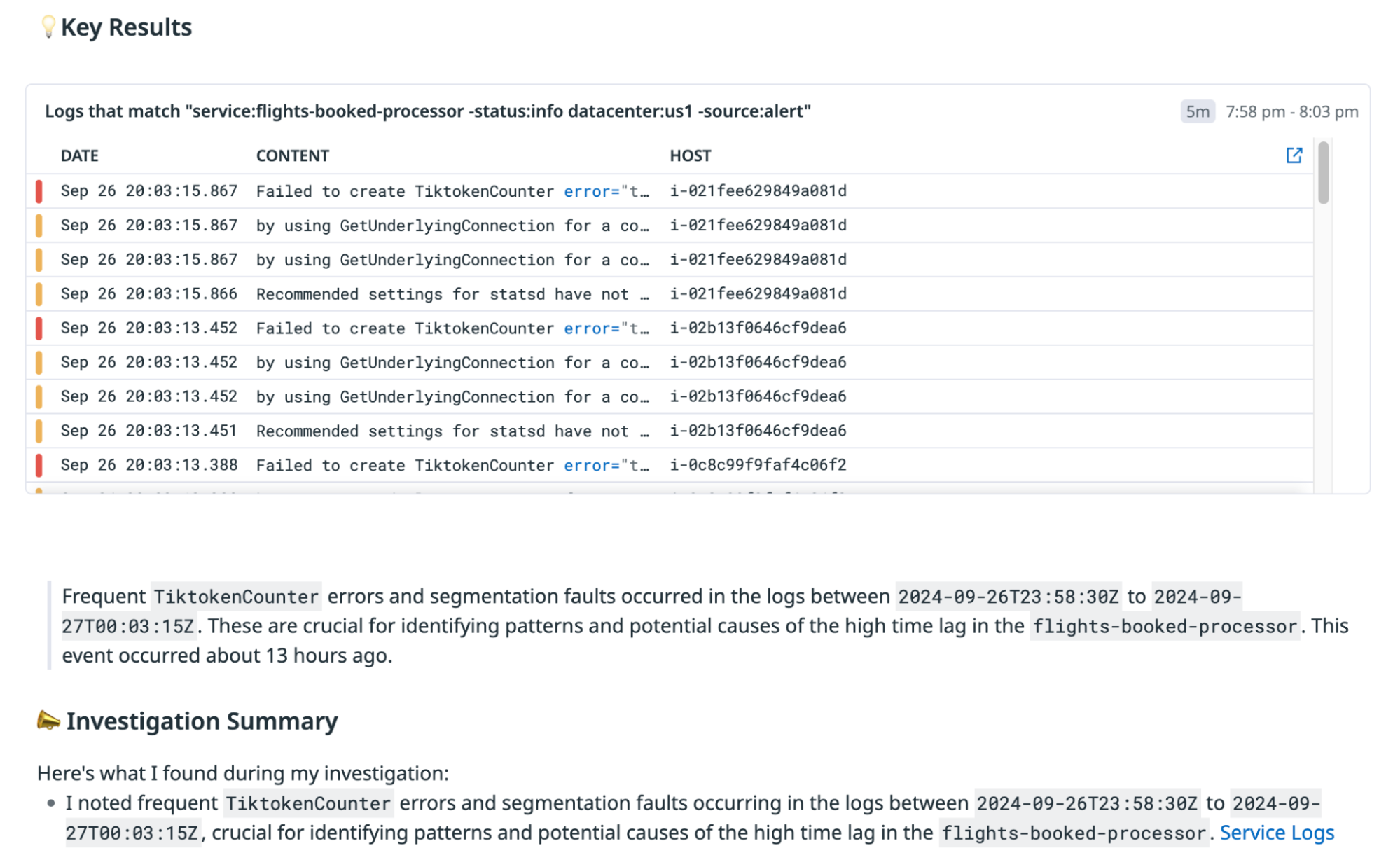 Log search results showing critical errors and segmentation faults in the flights-booked-processor service, including repeated failures related to TiktokenCounter.