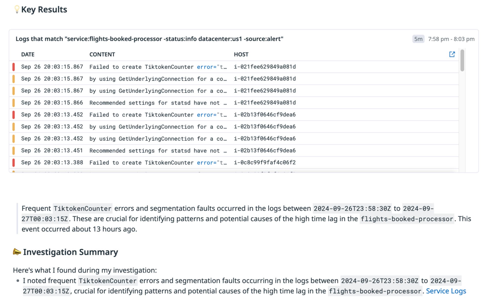 Log search results showing critical errors and segmentation faults in the flights-booked-processor service, including repeated failures related to TiktokenCounter. Log search results showing critical errors and segmentation faults in the flights-booked-processor service, including repeated failures related to TiktokenCounter.