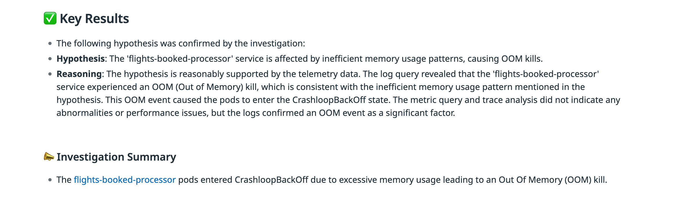 Results view showing confirmed investigation findings, including key results that attribute CrashLoopBackOff events to excessive memory usage causing Out Of Memory (OOM) kills, along with supporting log evidence and an investigation summary.