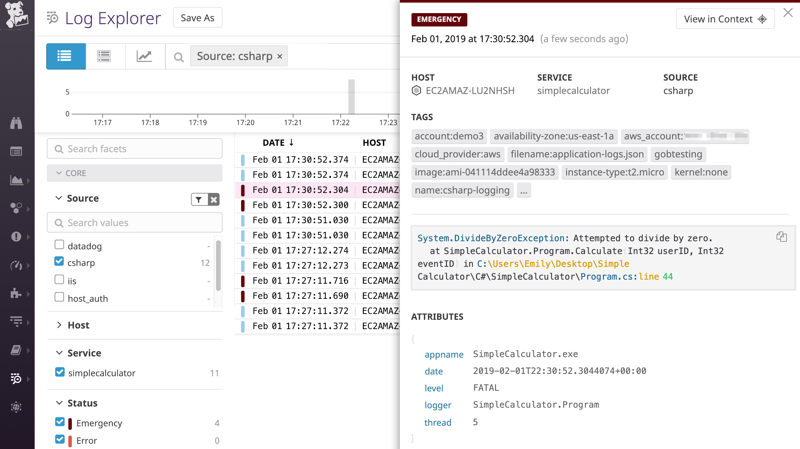 C# log monitoring with Datadog.
