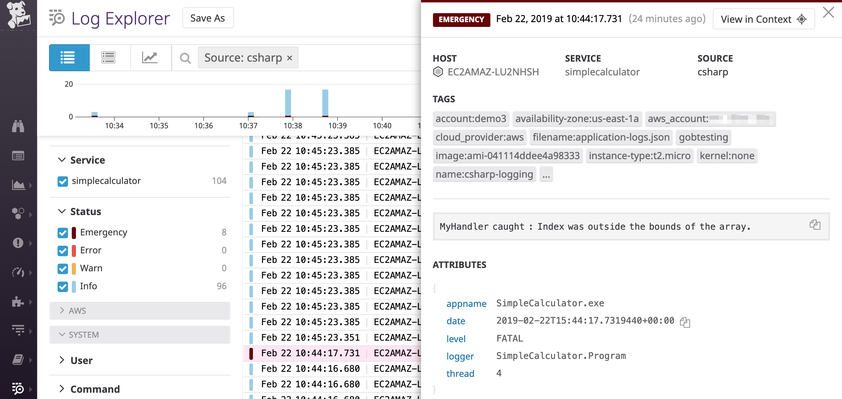 Monitoring C# exception logs with Datadog.