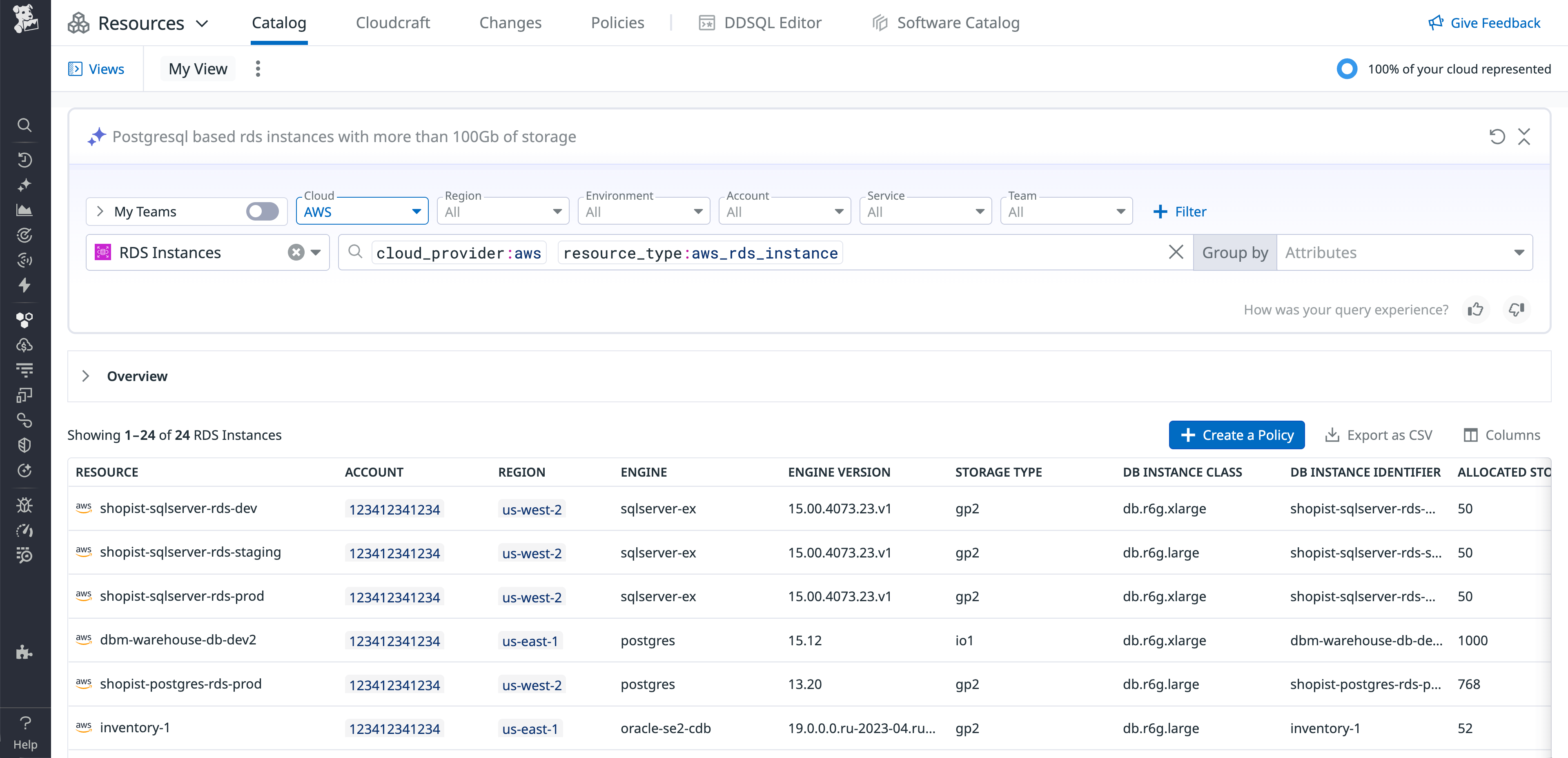 Datadog Resource Catalog view showing current RDS instance configurations.