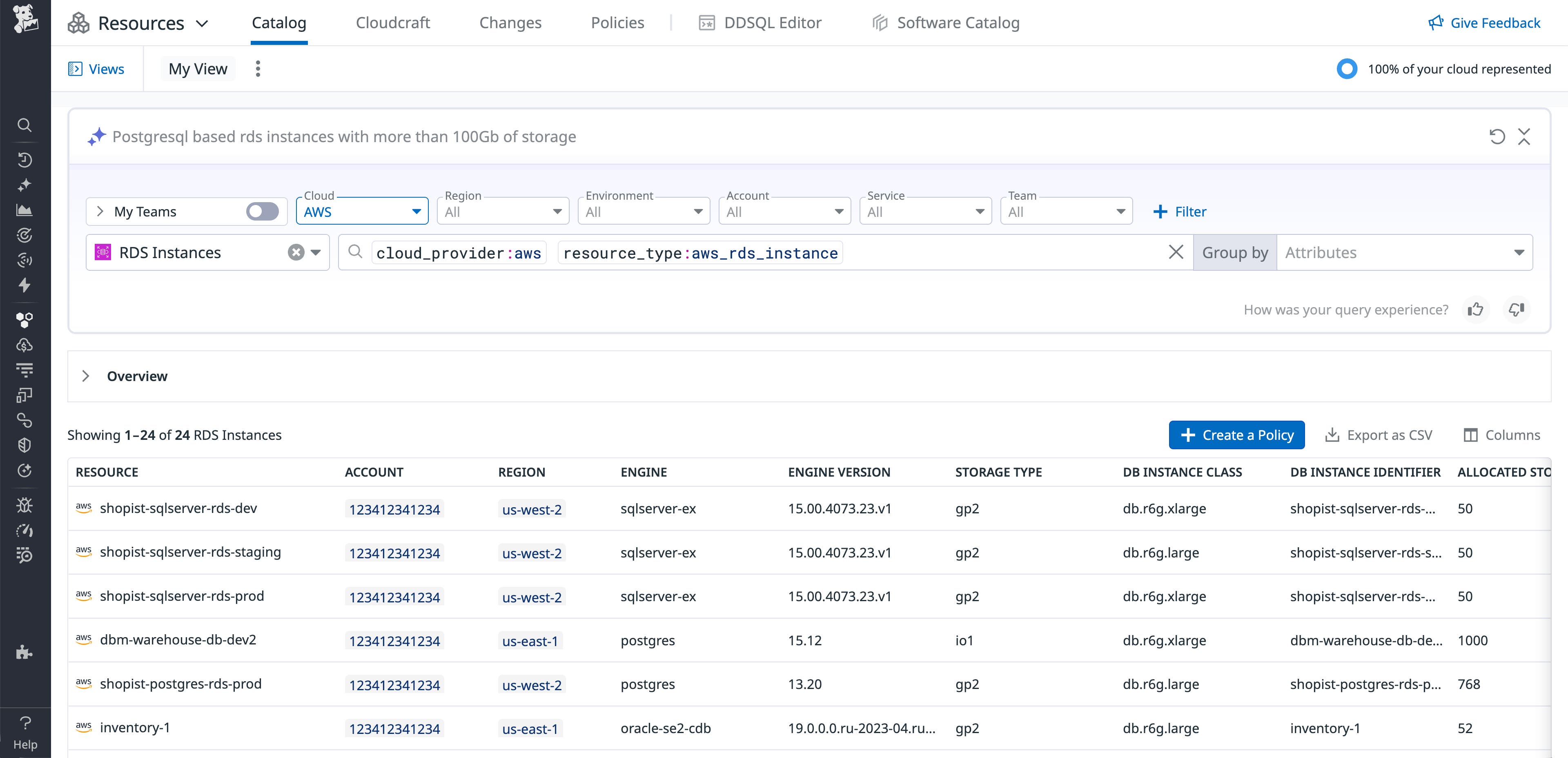 Datadog Resource Catalog view showing current RDS instance configurations. Datadog Resource Catalog view showing current RDS instance configurations.